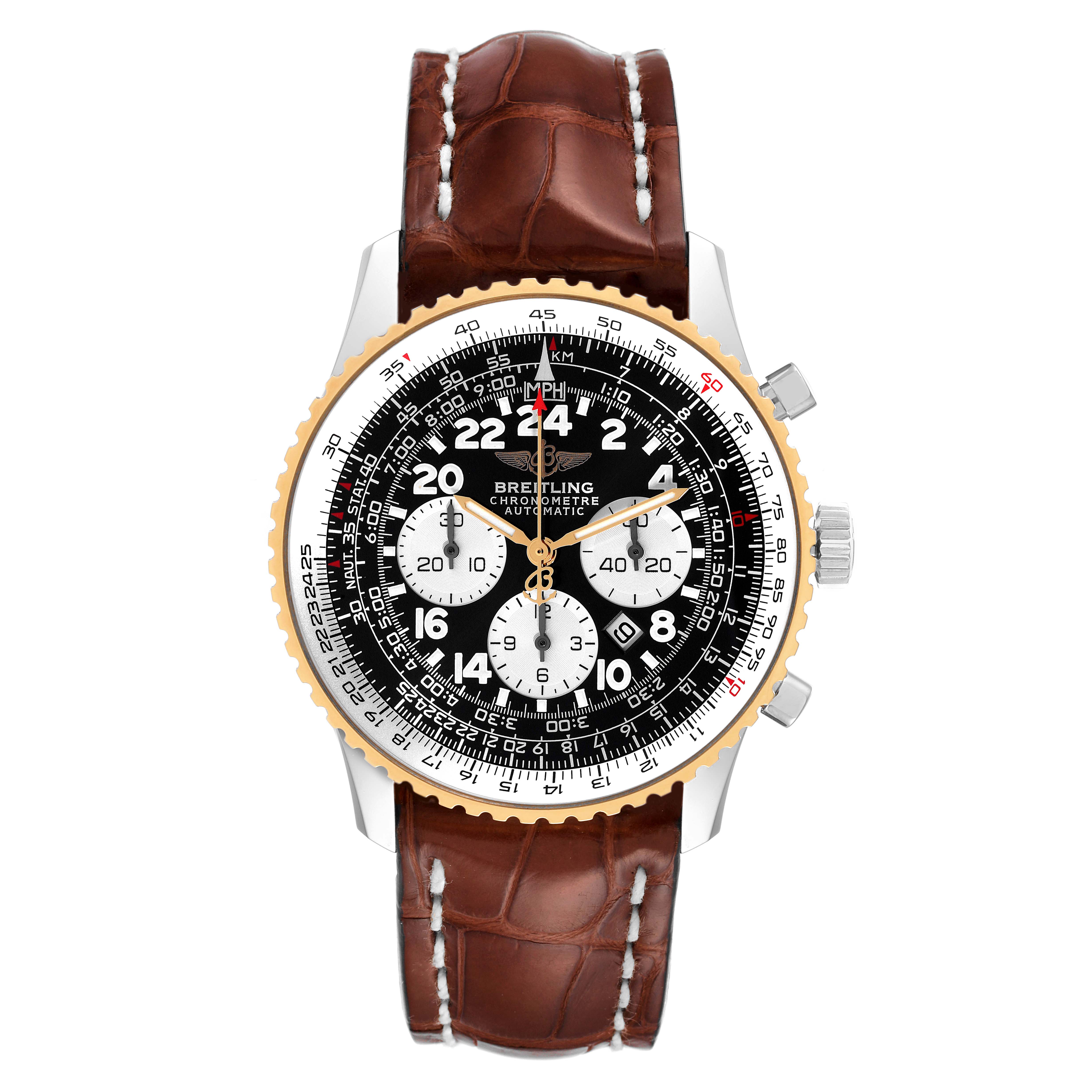 The Breitling Navitimer D22322 Men
s Stainless Steel Black Dial D22322 Men
s Stainless Steel Black Dial is shown from the front, featuring a brown leather strap, black dial, and gold bezel.