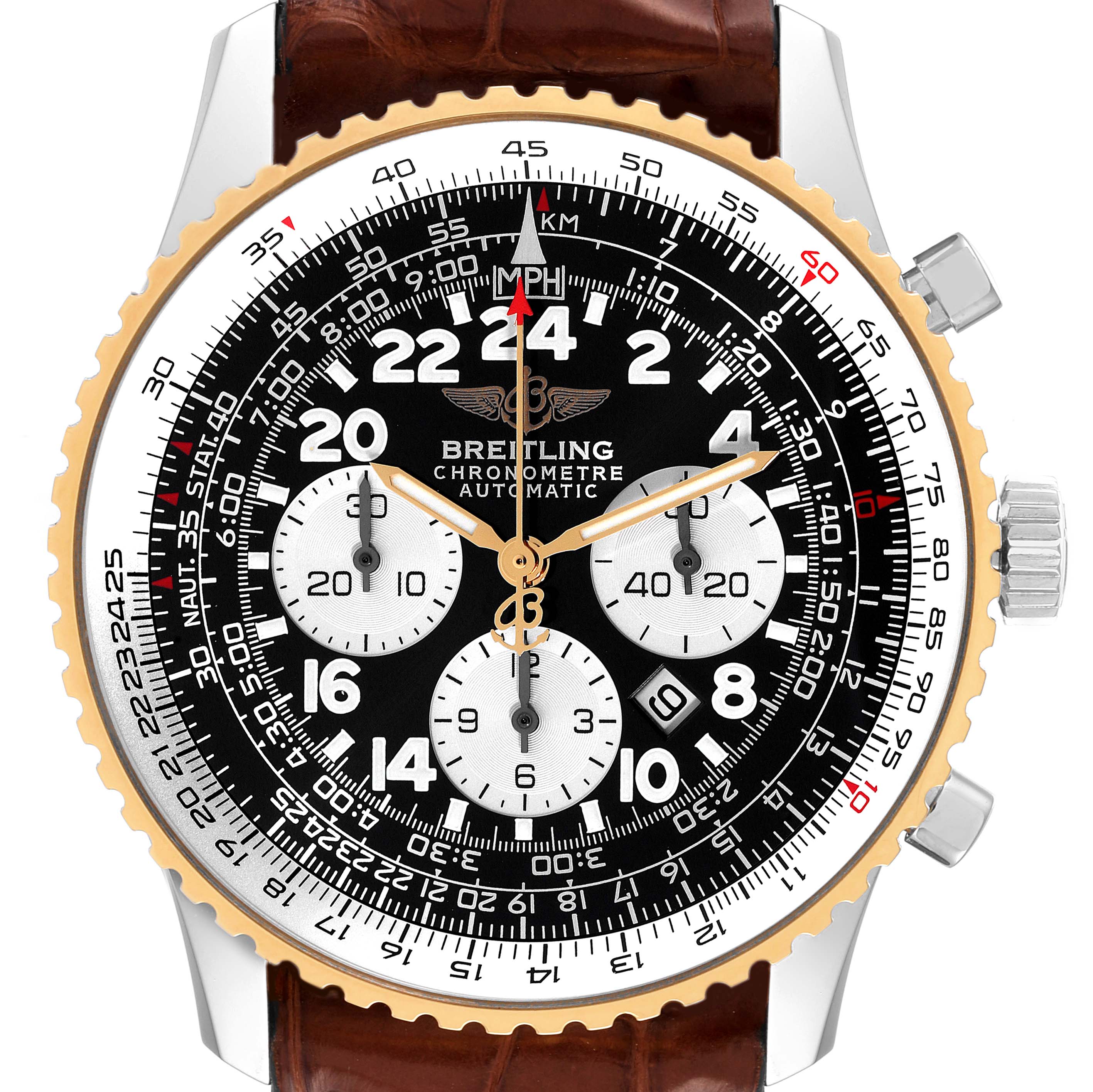 The image shows a frontal view of a Breitling Navitimer D22322 Men
s Stainless Steel Black Dial D22322 Men
s Stainless Steel Black Dial watch, highlighting the dial, bezel, and leather strap.