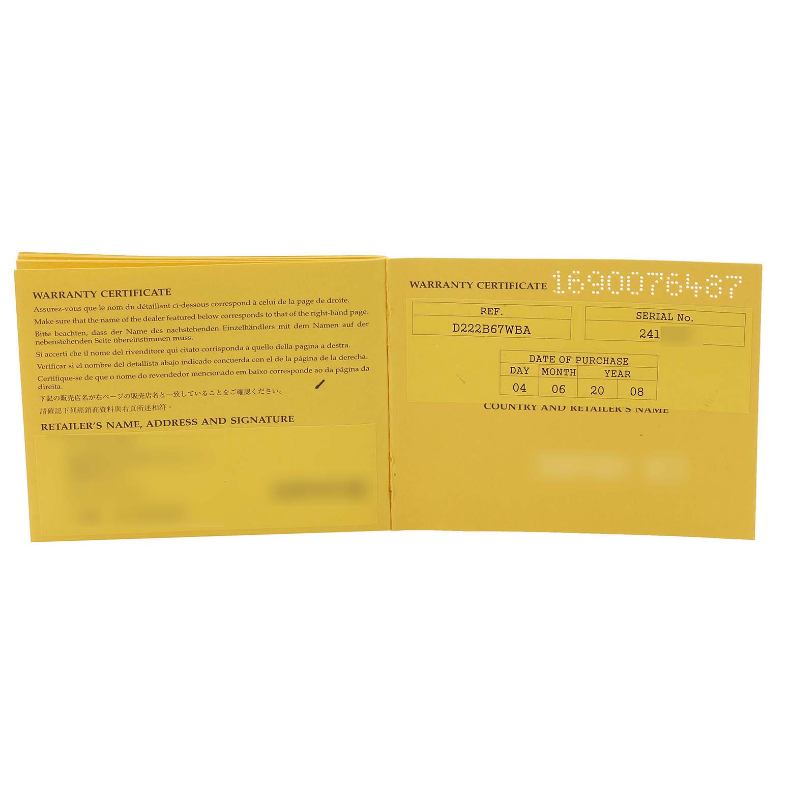 This image shows an open warranty certificate booklet for a Breitling Navitimer D22322 Men
s Stainless Steel Black Dial D22322 Men
s Stainless Steel Black Dial watch.