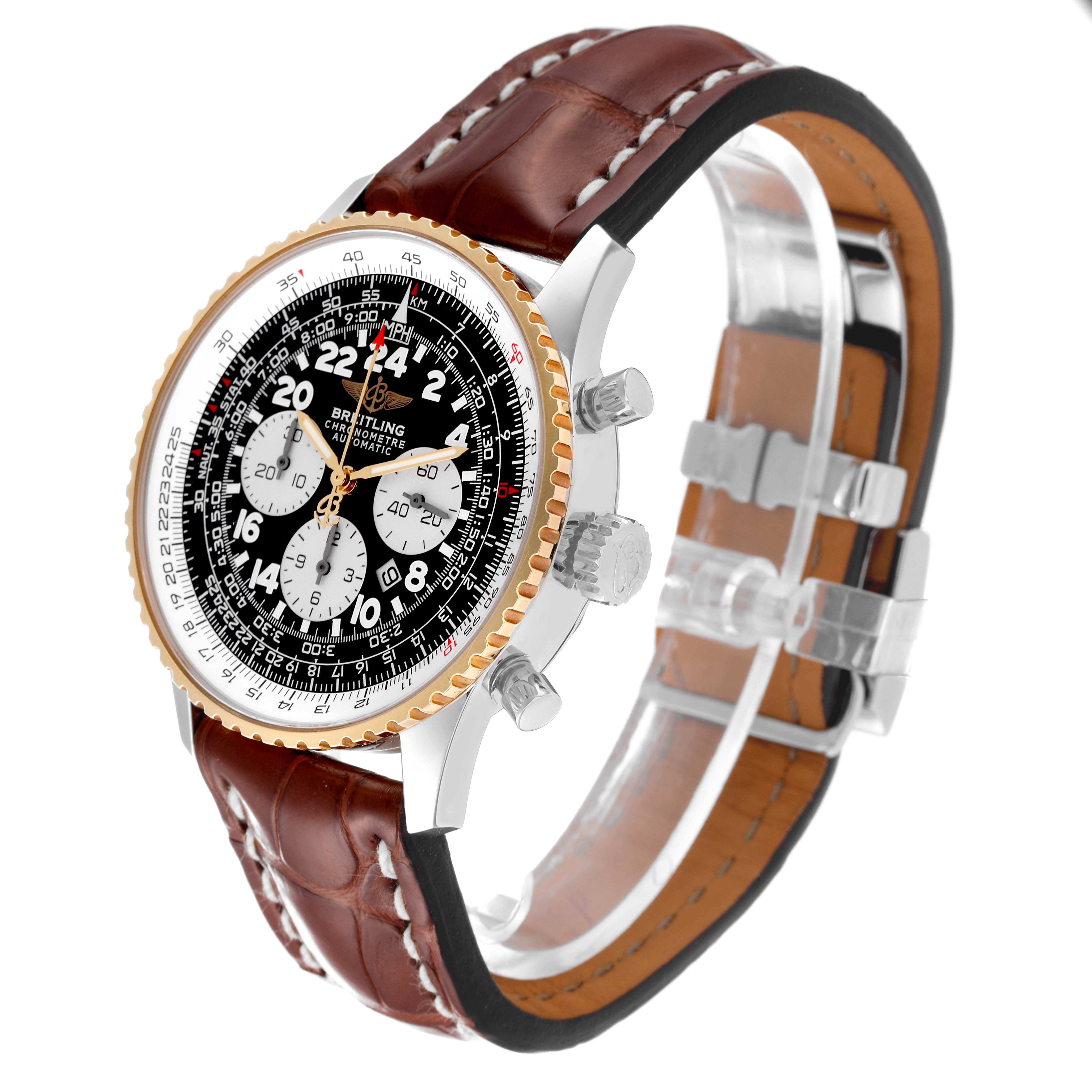 The image shows a Breitling Navitimer D22322 Men
s Stainless Steel Black Dial D22322 Men
s Stainless Steel Black Dial watch from a 3/4th angle featuring its dial, bezel, and leather strap.