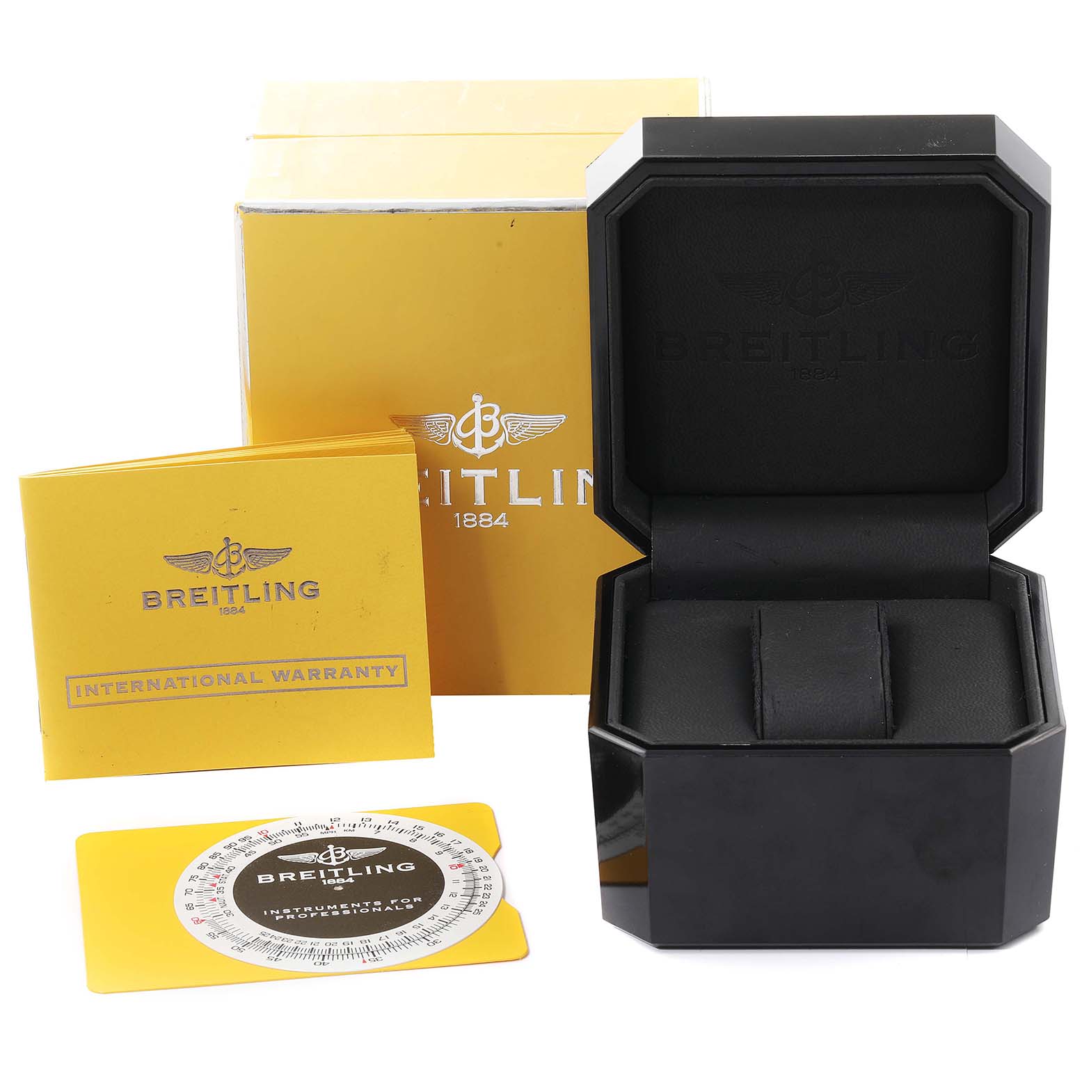 The image shows the packaging, international warranty booklet, circular information card, and black watch box for a Breitling Navitimer D22322 Men
s Stainless Steel Black Dial D22322 Men
s Stainless Steel Black Dial.