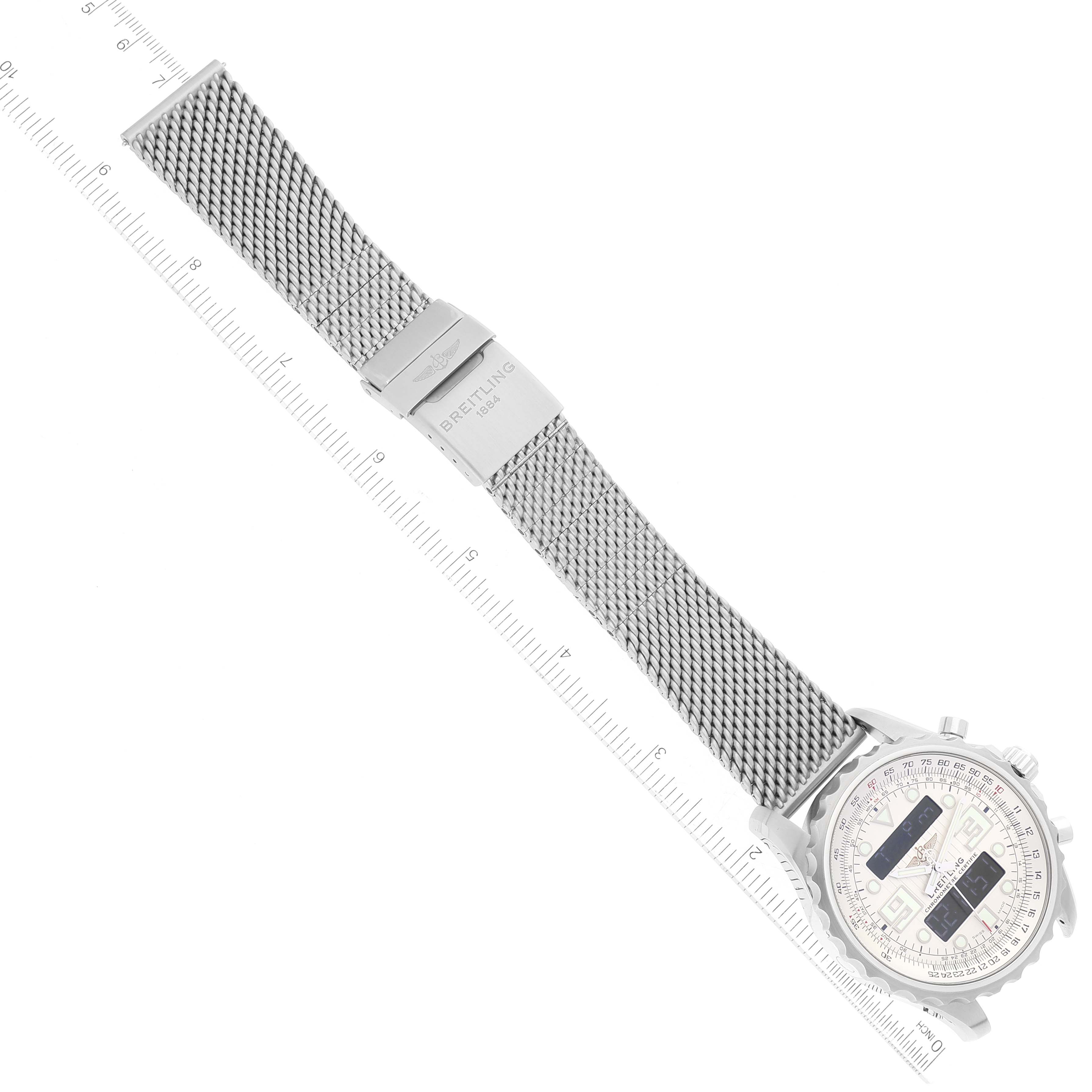 This image shows a top-down view of a Breitling Professional Series A78365 Men's Stainless Steel Silver Dial A78365 Men's Stainless Steel Silver Dial watch with its full mesh strap and clasp.