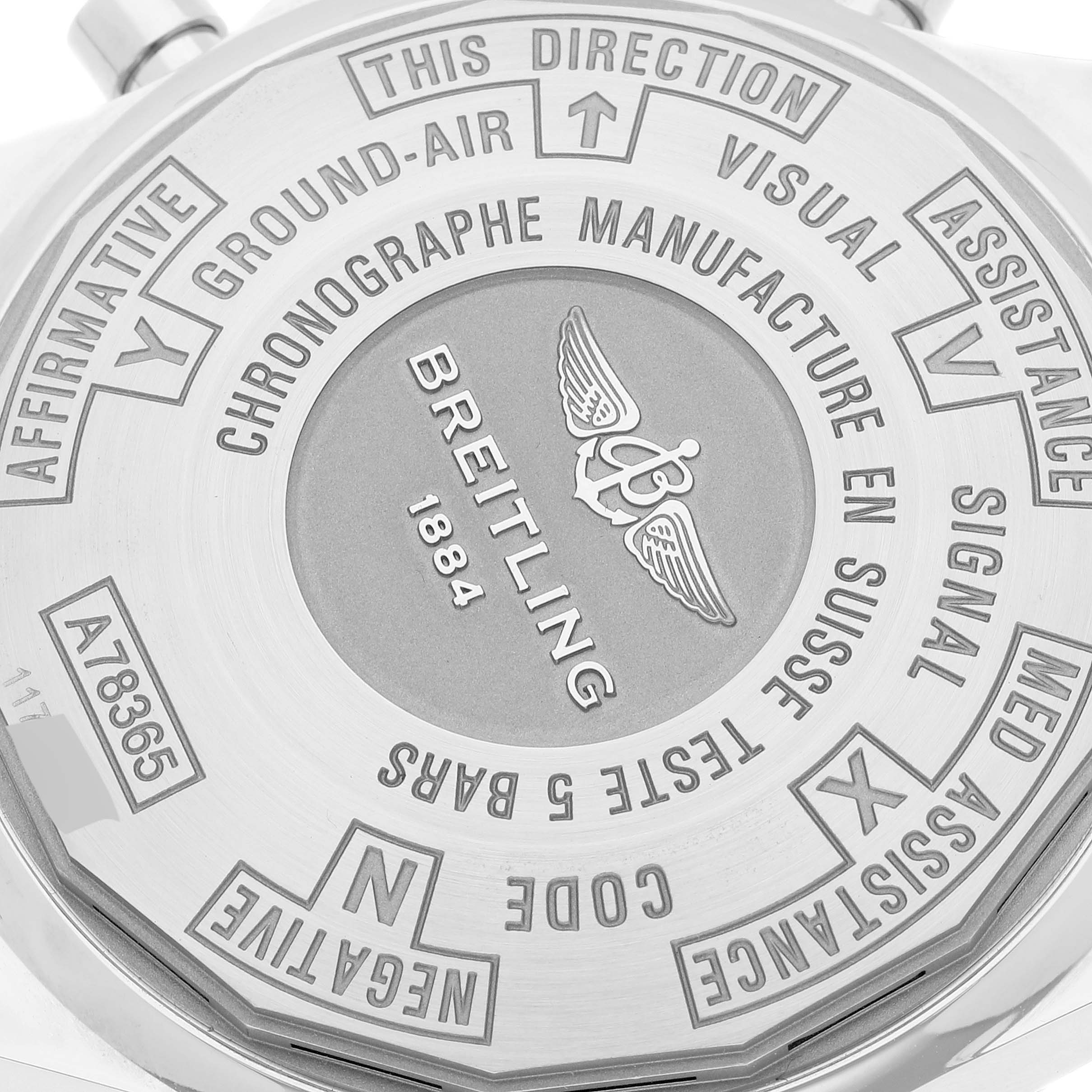 The image shows the back case of a Breitling Professional Series A78365 Men's Stainless Steel Silver Dial A78365 Men's Stainless Steel Silver Dial watch, highlighting its engravings and logo.