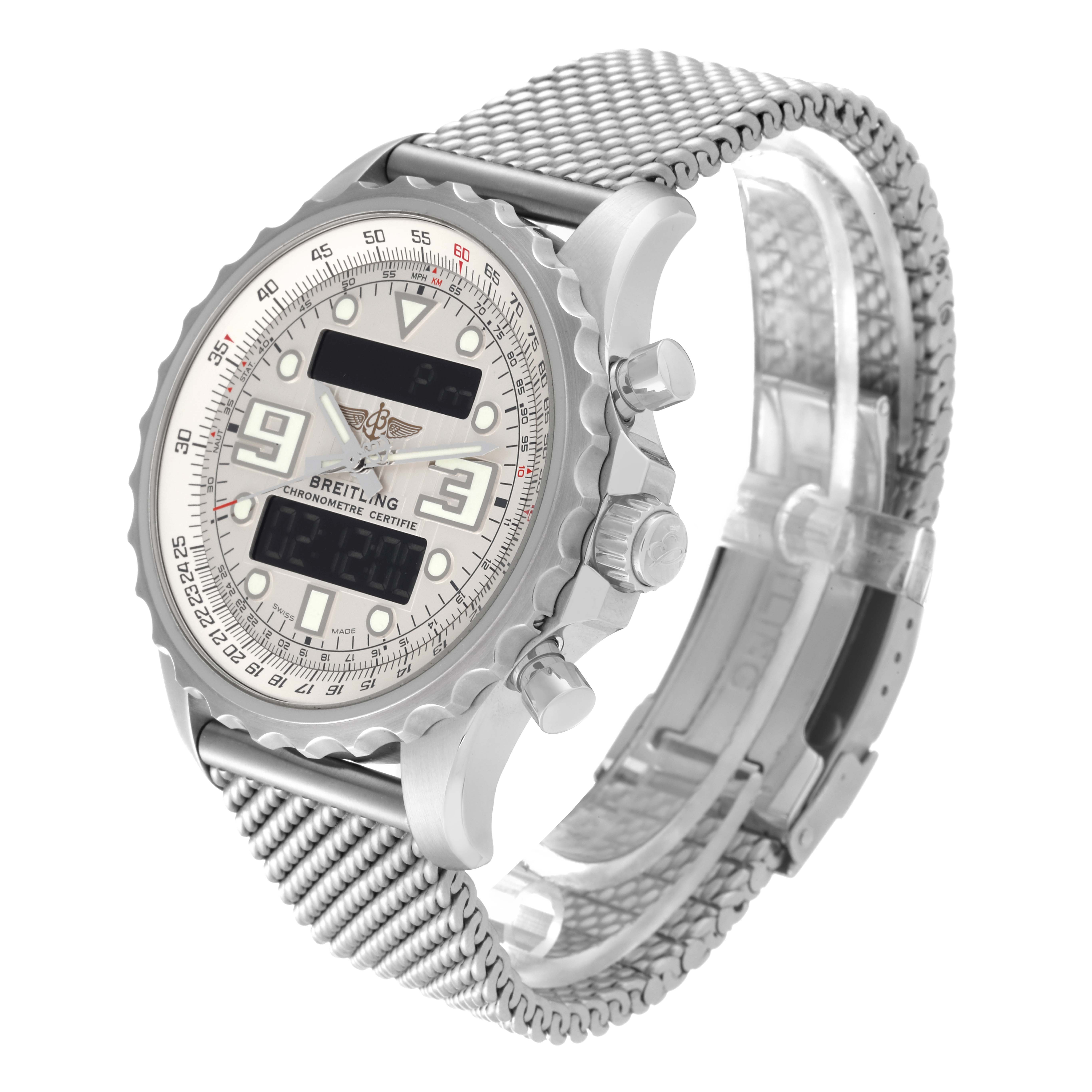 The image shows a Breitling Professional Series A78365 Men's Stainless Steel Silver Dial A78365 Men's Stainless Steel Silver Dial watch from a three-quarter angle, highlighting the dial, crown, and mesh strap.