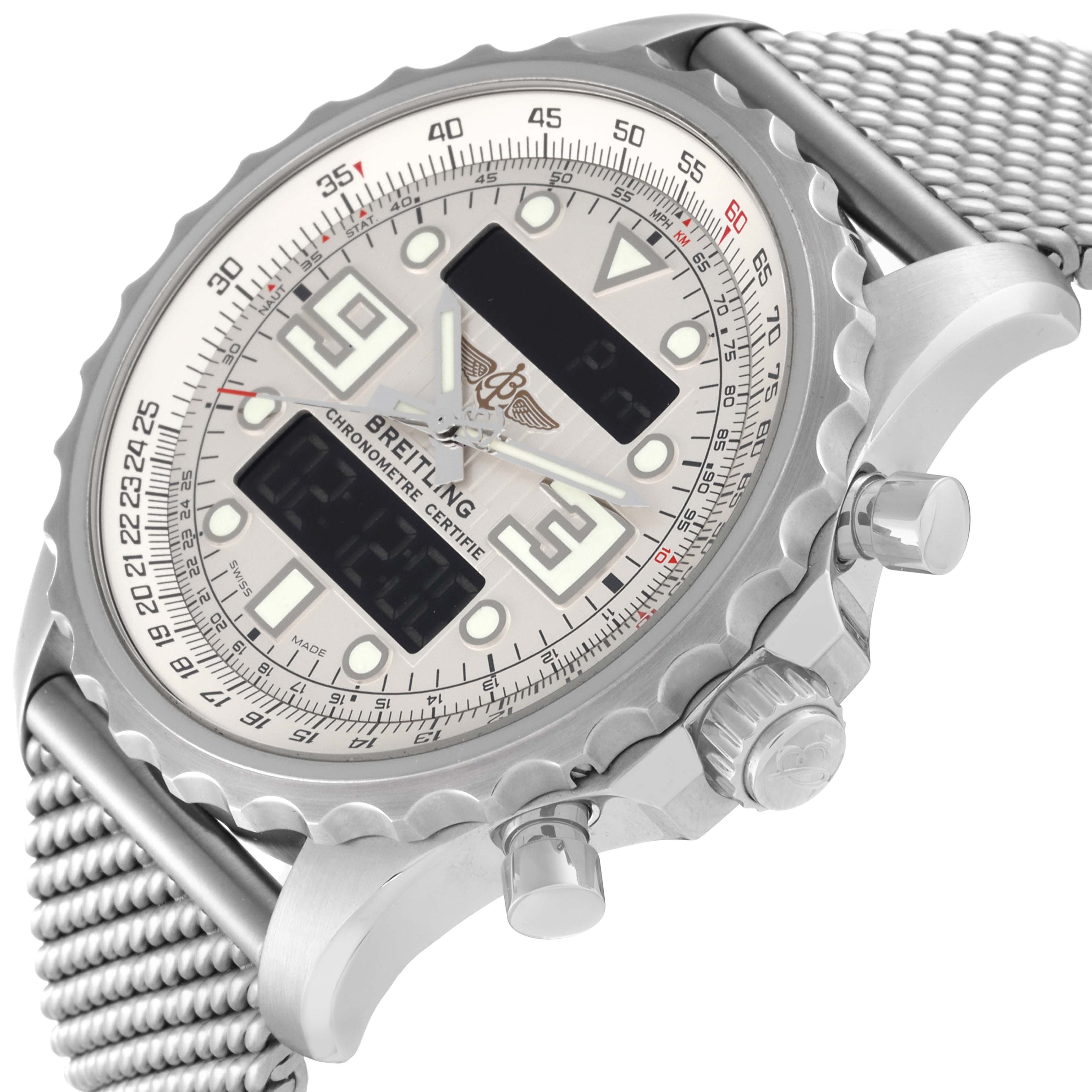 The image shows a Breitling Professional Series A78365 Men's Stainless Steel Silver Dial A78365 Men's Stainless Steel Silver Dial watch from a side angle, showcasing its dial, bezel, crown, and mesh band.