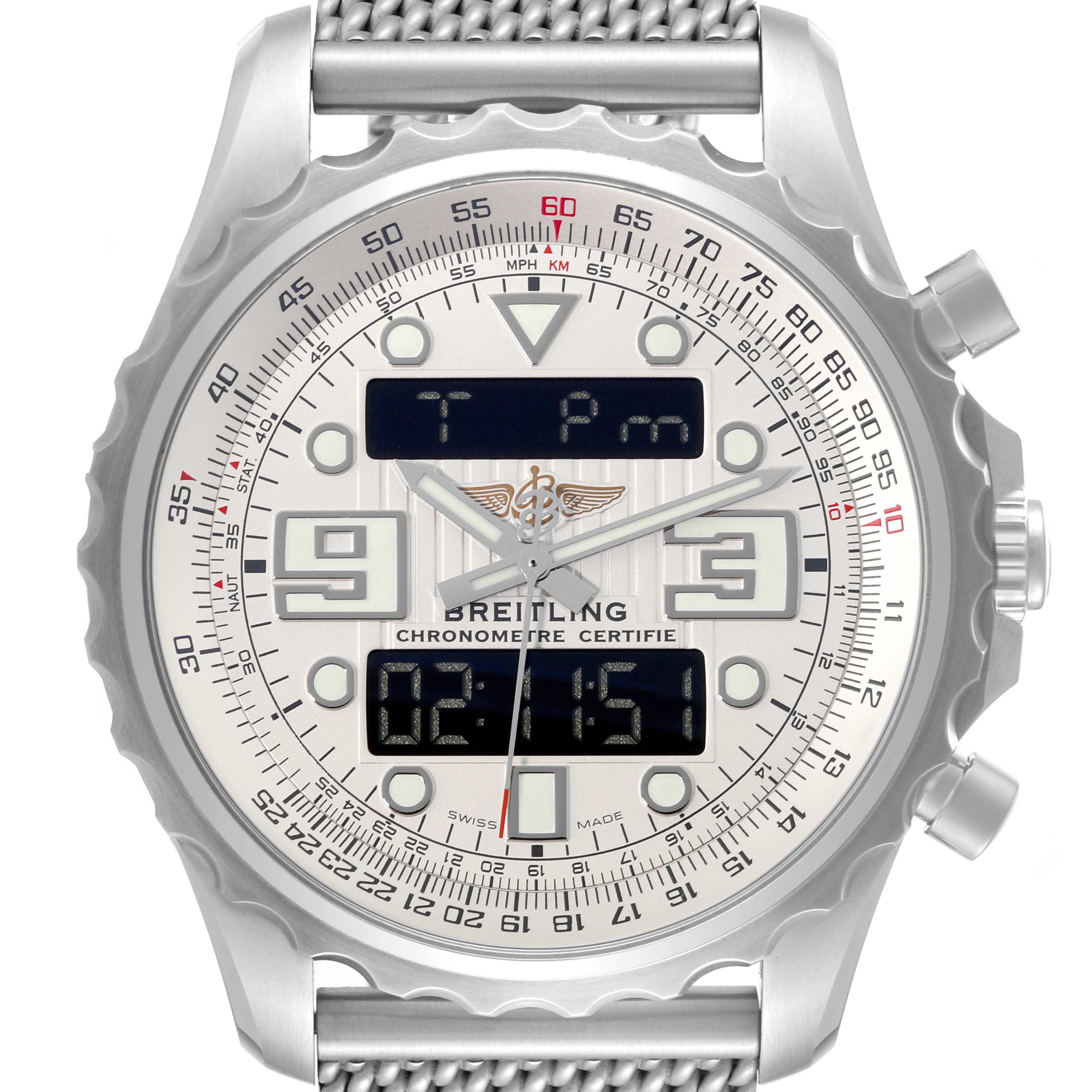 The image shows a front view of the Breitling Professional Series A78365 Men's Stainless Steel Silver Dial A78365 Men's Stainless Steel Silver Dial watch, highlighting the dial, digital displays, and bezel.