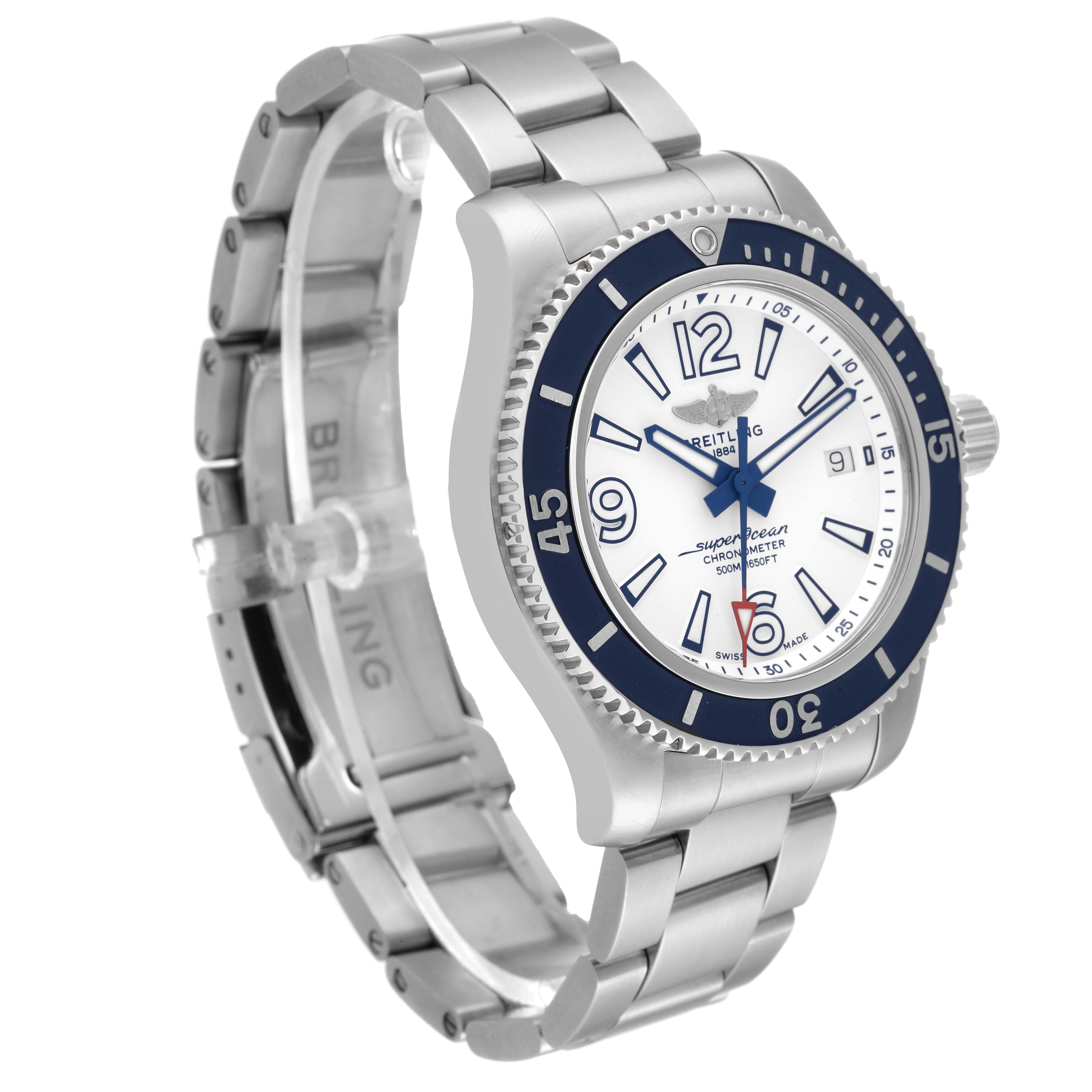 This image shows a Breitling Superocean A17366 Men's Stainless Steel White Dial A17366 Men's Stainless Steel White Dial watch at a slight angle, highlighting its bezel, dial, and metal bracelet.