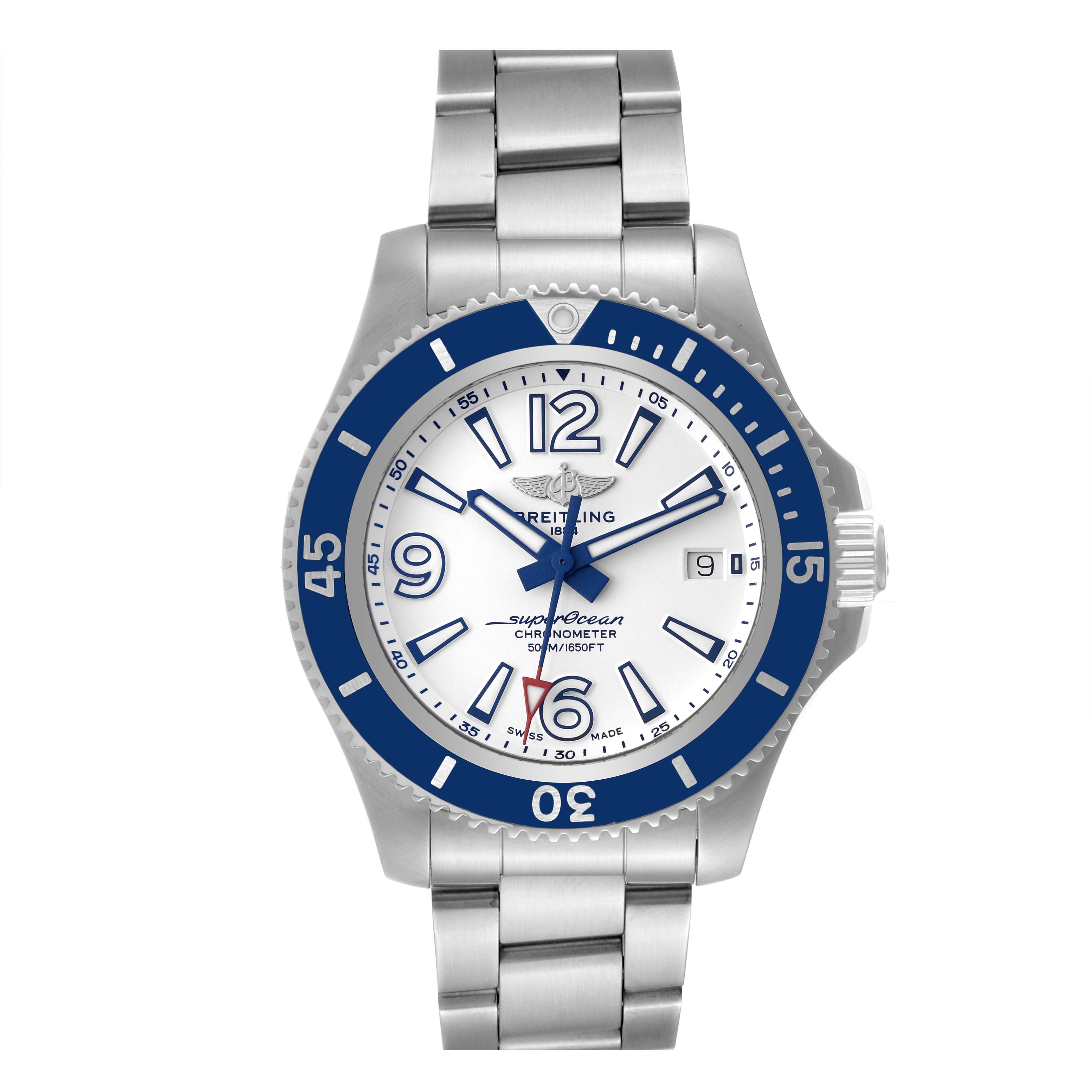The Breitling Superocean A17366 Men's Stainless Steel White Dial A17366 Men's Stainless Steel White Dial watch is shown from a frontal angle, displaying its face, bezel, and bracelet.