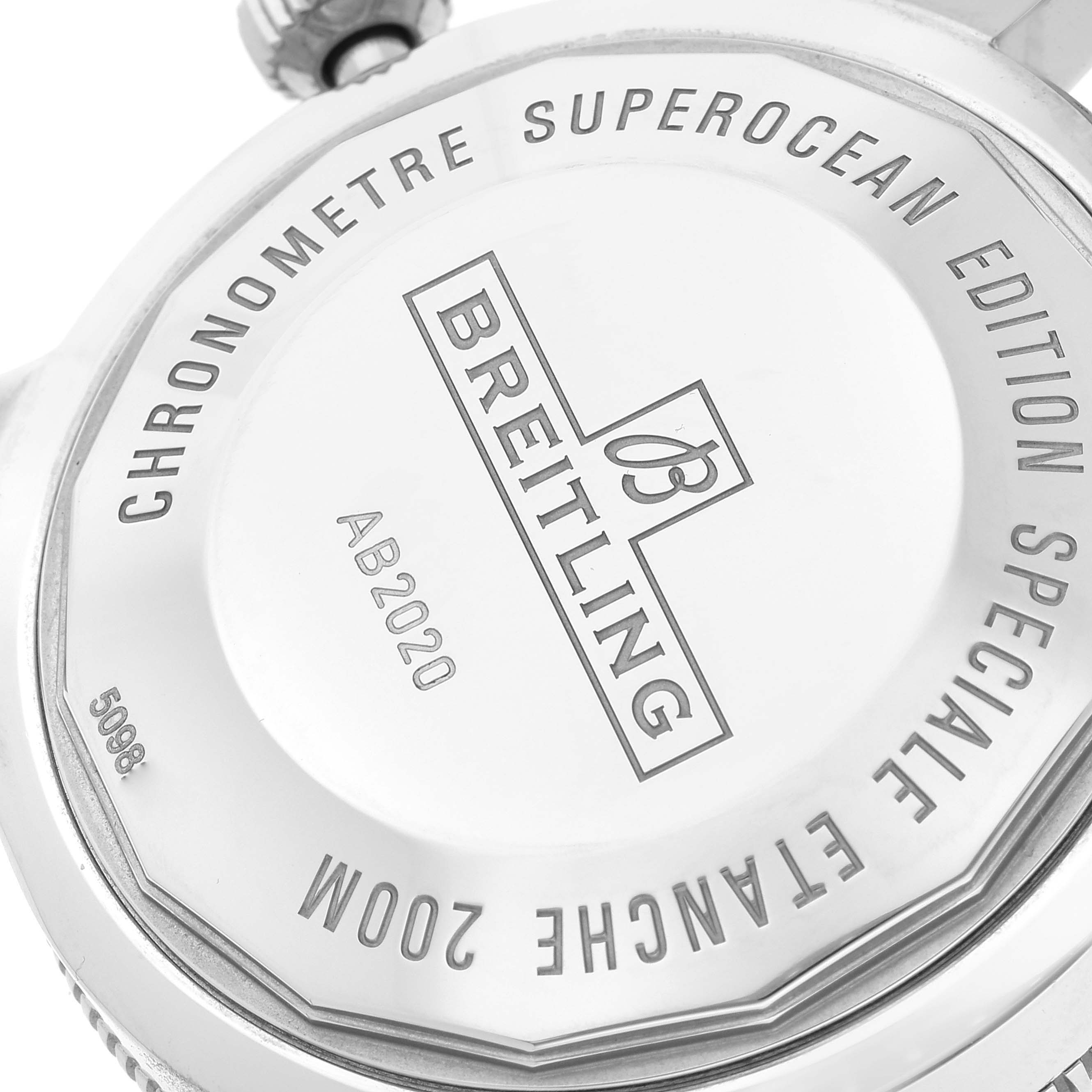 The image shows the back casing of a Breitling Superocean AB202016-C961-152A Men's Stainless Steel Blue Dial AB202016-C961-152A Men's Stainless Steel Blue Dial watch with branding and specifications engraved.