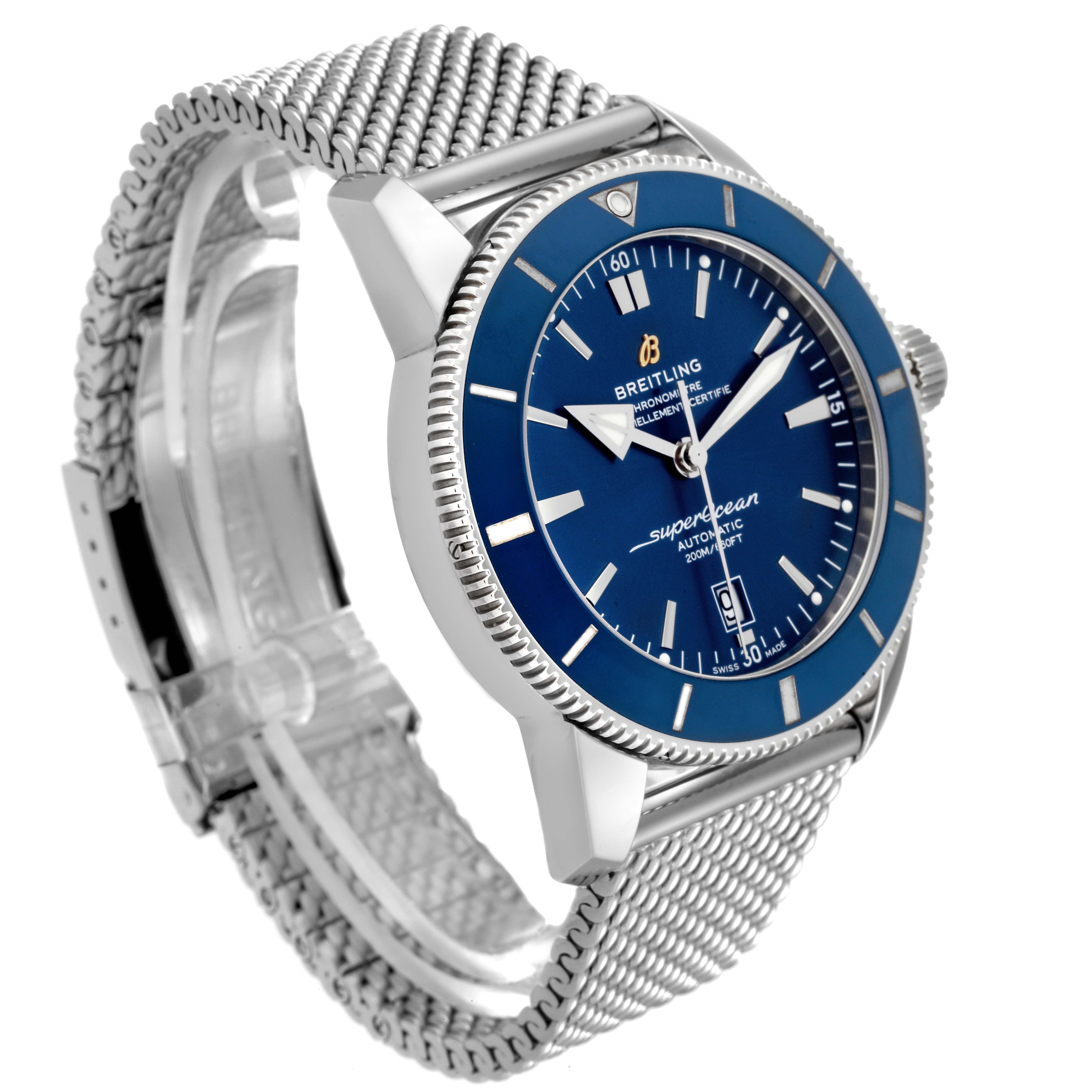 The Breitling Superocean AB202016-C961-152A Men's Stainless Steel Blue Dial AB202016-C961-152A Men's Stainless Steel Blue Dial watch is shown at a three-quarter angle displaying the face, bezel, crown, and mesh strap.