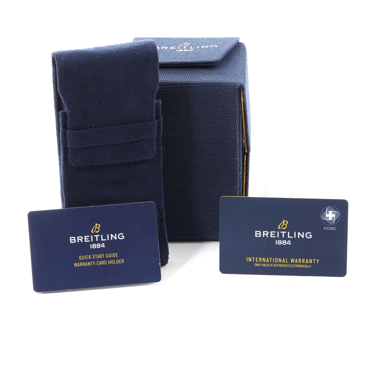 This image shows the packaging, warranty card holder, Quick Start Guide, and International Warranty card for Breitling Superocean AB202016-C961-152A Men's Stainless Steel Blue Dial AB202016-C961-152A Men's Stainless Steel Blue Dial.