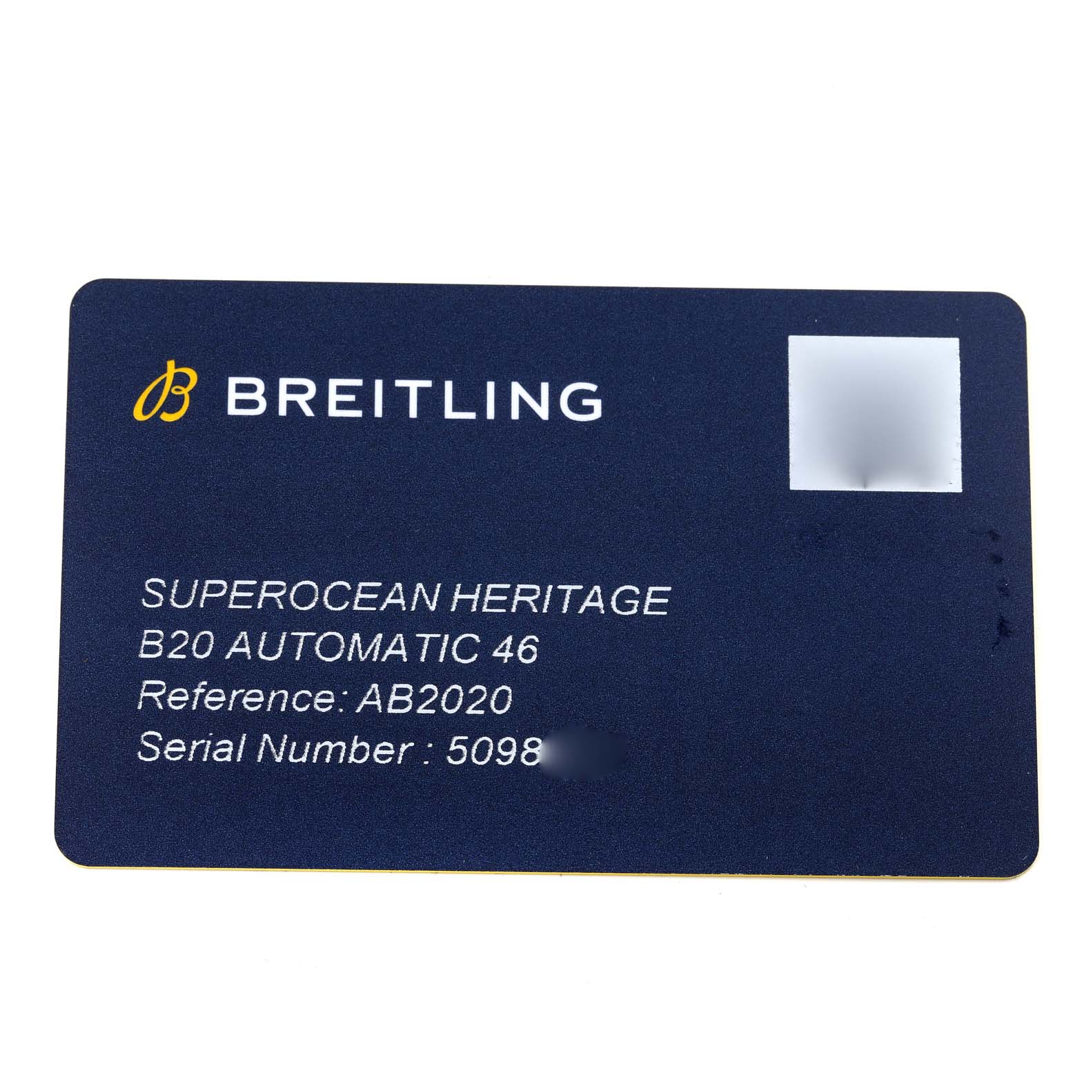 This image shows an identification card for the Breitling Superocean AB202016-C961-152A Men's Stainless Steel Blue Dial AB202016-C961-152A Men's Stainless Steel Blue Dial Heritage B20 Automatic 46 model, including reference and serial number details.