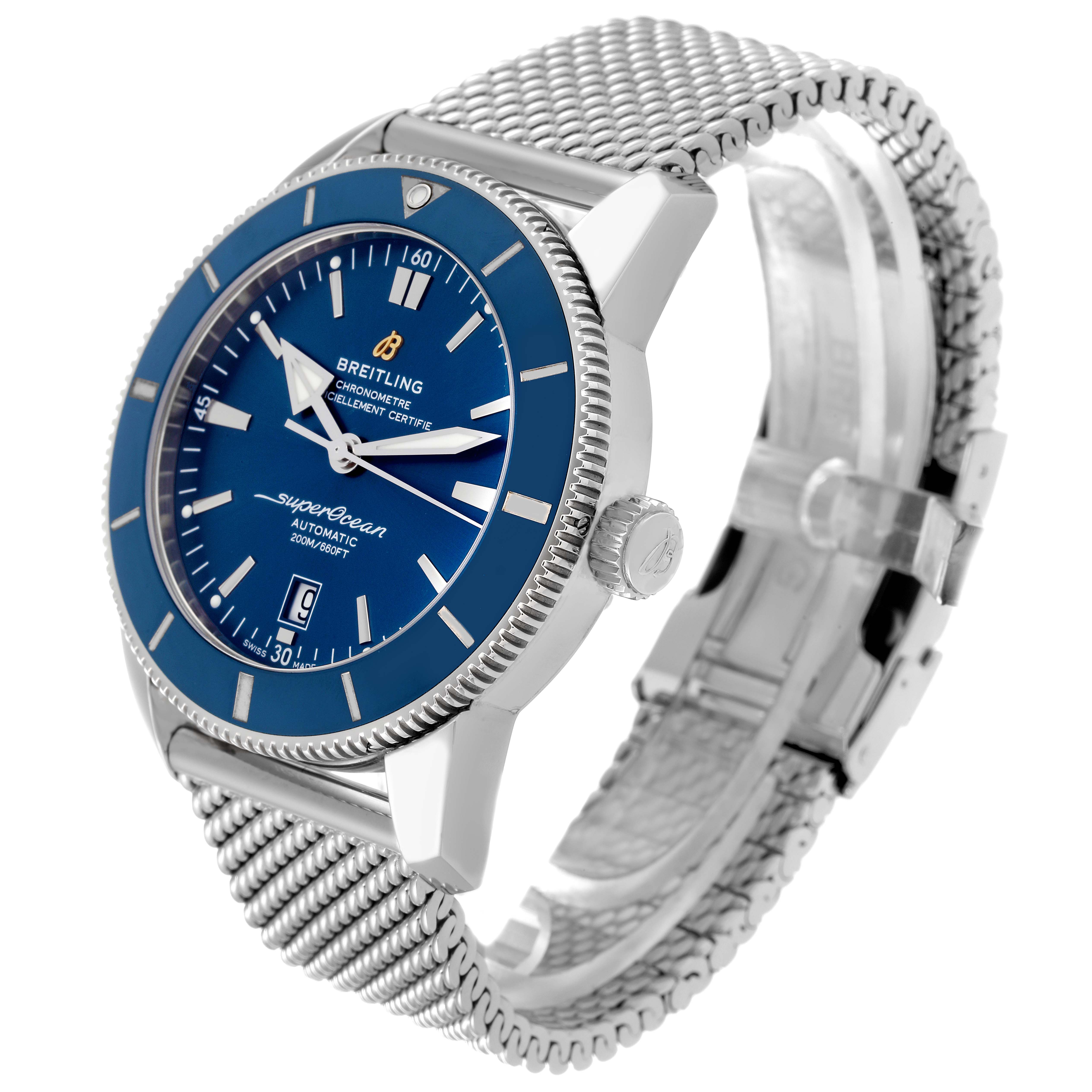 The image shows a side view of the Breitling Superocean AB202016-C961-152A Men's Stainless Steel Blue Dial AB202016-C961-152A Men's Stainless Steel Blue Dial watch, highlighting its dial, bezel, crown, and mesh bracelet.