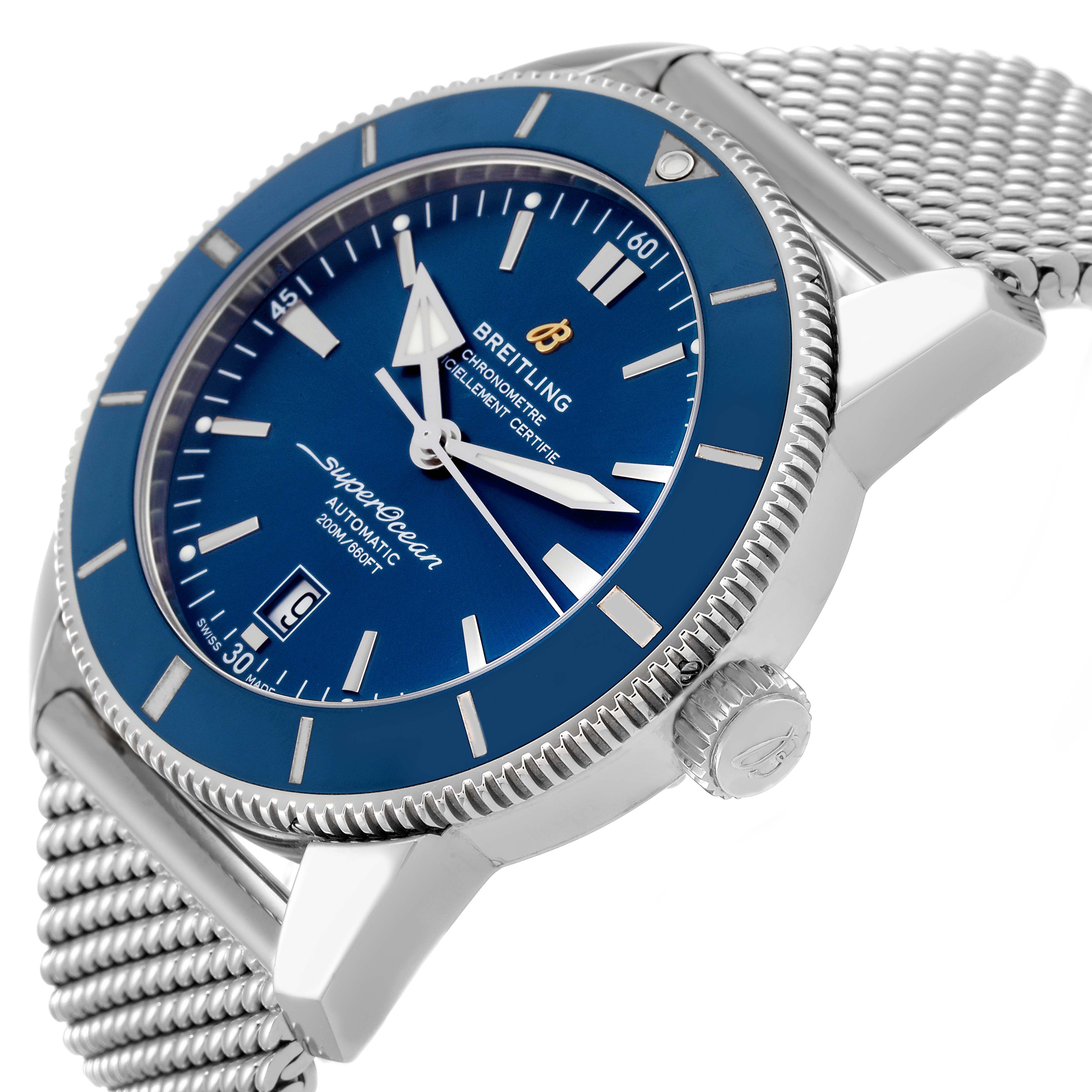 The image shows a close-up side angle of the Breitling Superocean AB202016-C961-152A Men's Stainless Steel Blue Dial AB202016-C961-152A Men's Stainless Steel Blue Dial watch, highlighting its blue dial, bezel, and crown.