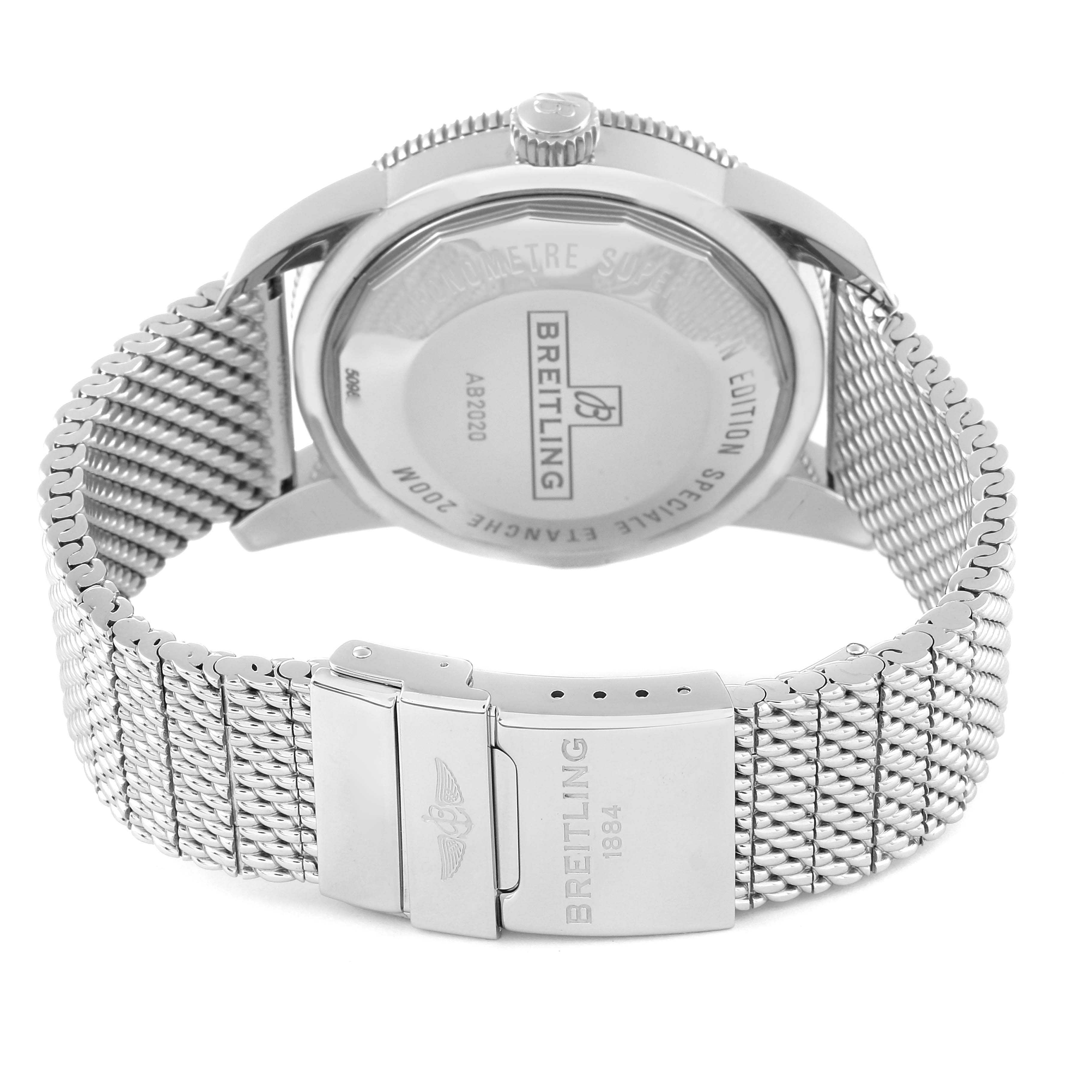 The image shows the back side and clasp of the Breitling Superocean AB202016-C961-152A Men's Stainless Steel Blue Dial AB202016-C961-152A Men's Stainless Steel Blue Dial watch, highlighting its stainless steel case and mesh bracelet.