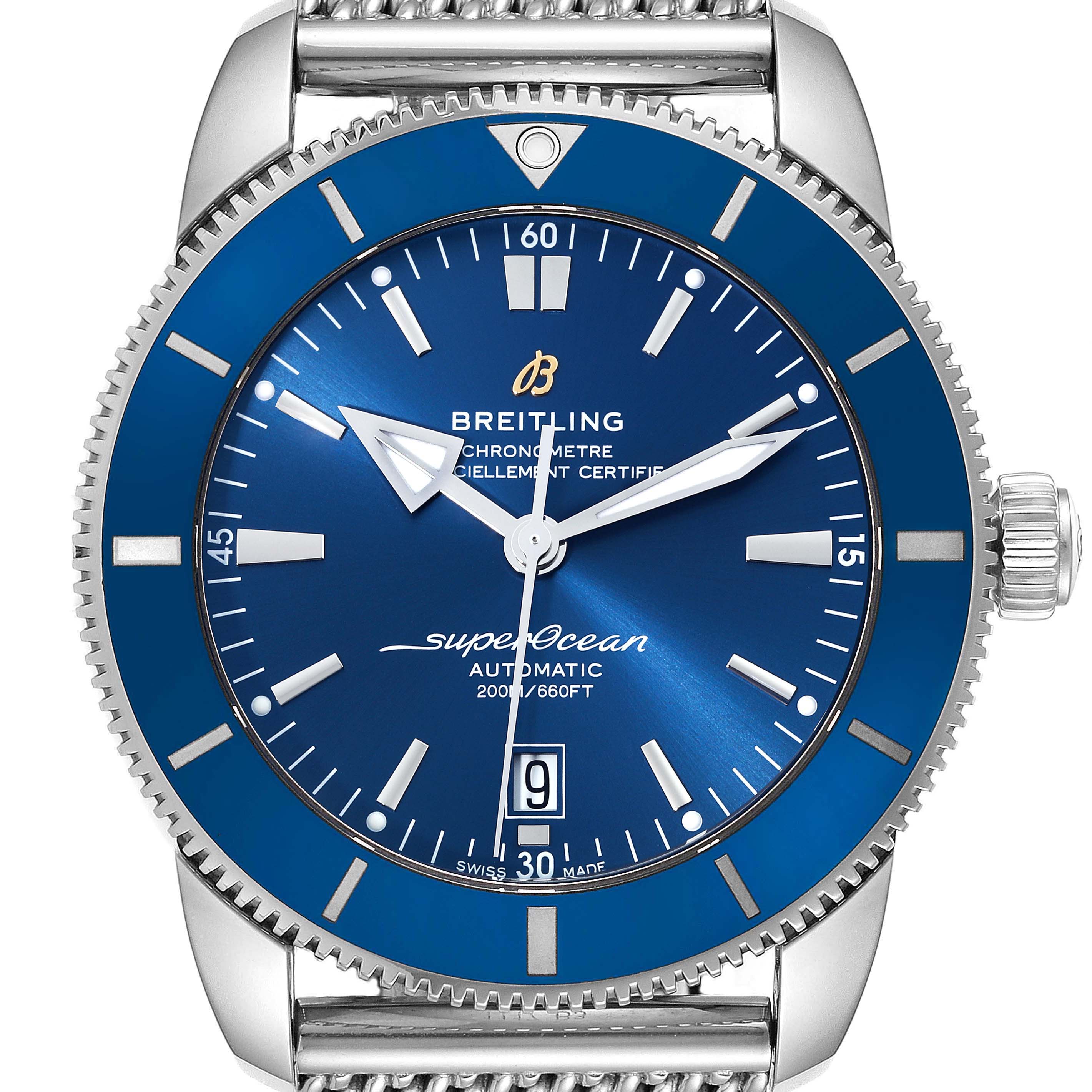 This image shows the Breitling Superocean AB202016-C961-152A Men's Stainless Steel Blue Dial AB202016-C961-152A Men's Stainless Steel Blue Dial watch from a top-down angle, highlighting its blue dial, bezel, and metal bracelet.