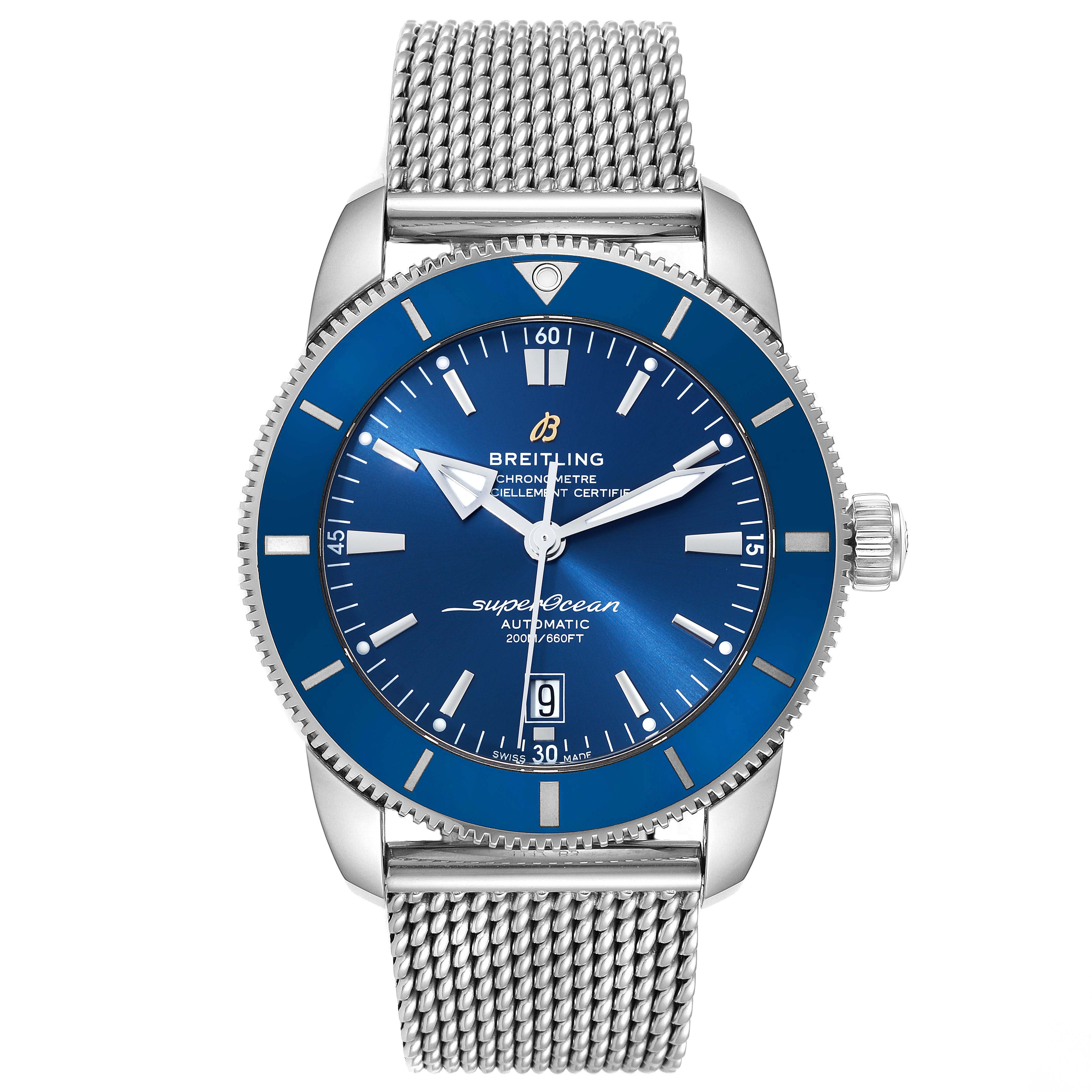 The image shows a front view of a Breitling Superocean AB202016-C961-152A Men's Stainless Steel Blue Dial AB202016-C961-152A Men's Stainless Steel Blue Dial watch, displaying its mesh bracelet, blue dial, and bezel.