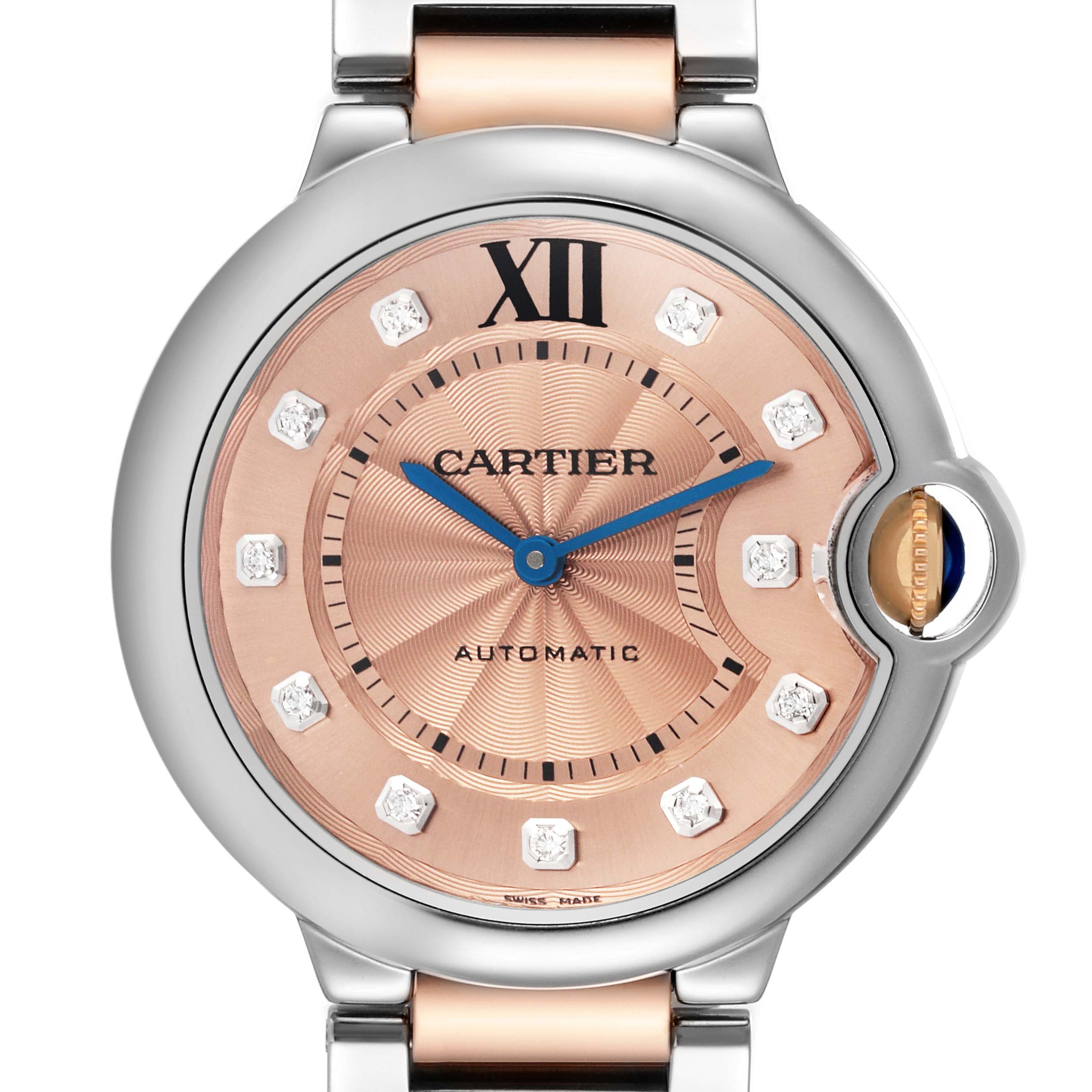 The Cartier Ballon Bleu WE902054 Women's Steel and Gold (two tone) Brown Dial WE902054 Women's Steel and Gold (two tone) Brown Dial watch is shown from the front, highlighting its dial, bezel, and crown.