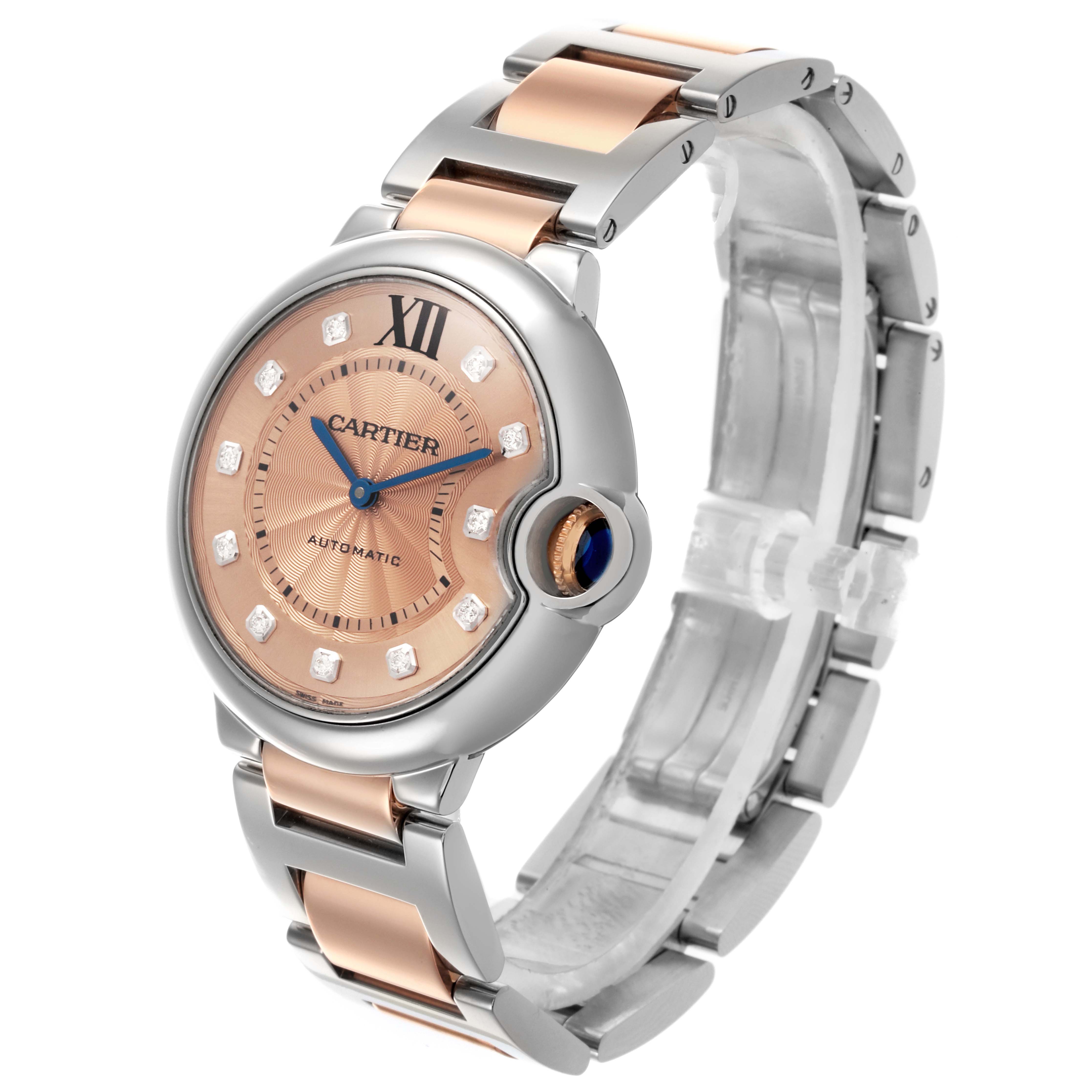 The Cartier Ballon Bleu WE902054 Women's Steel and Gold (two tone) Brown Dial WE902054 Women's Steel and Gold (two tone) Brown Dial watch is shown at a side angle, highlighting the face, strap, and crown.