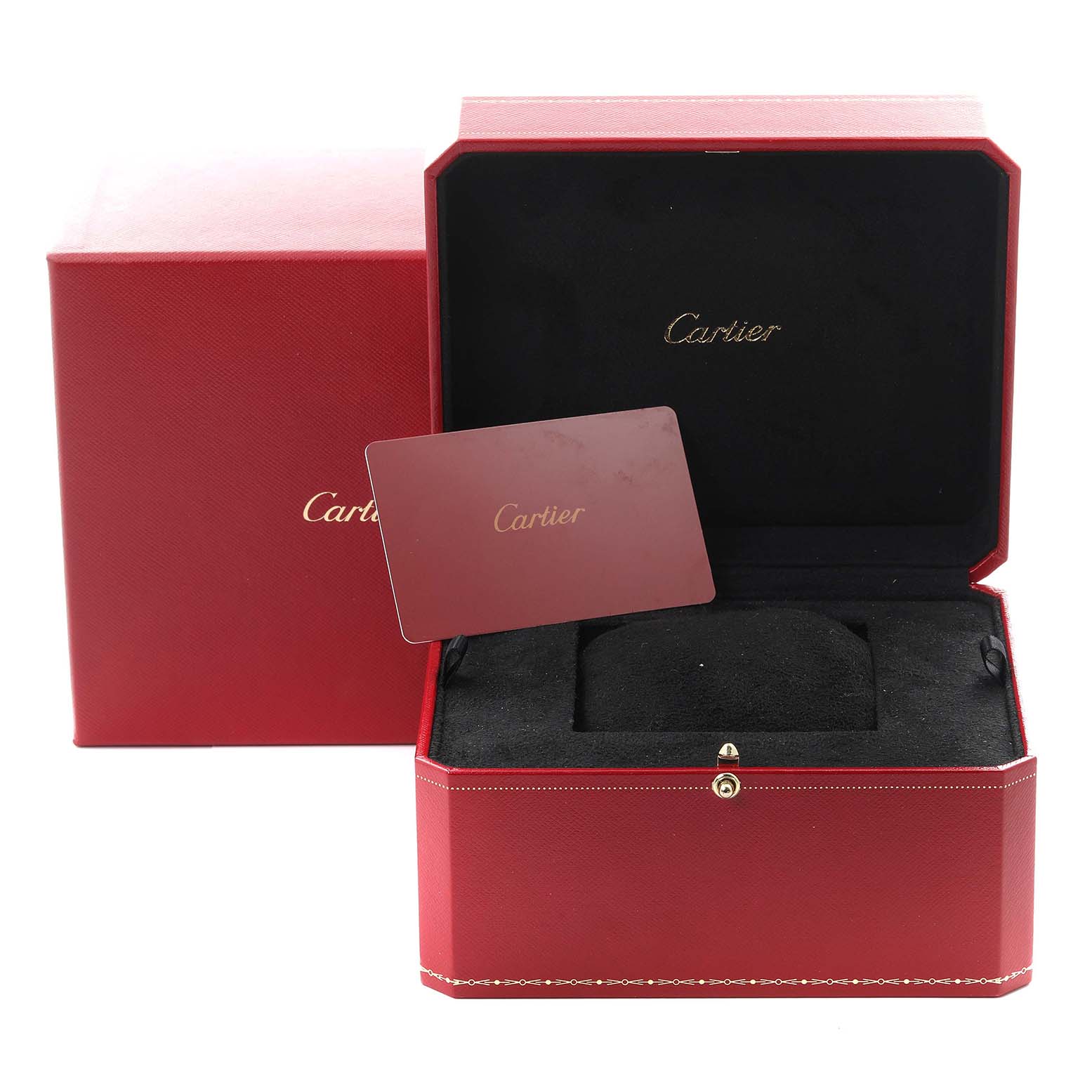 The image shows the Cartier Ballon Bleu WE902054 Women's Steel and Gold (two tone) Brown Dial WE902054 Women's Steel and Gold (two tone) Brown Dial watch box and accessories, including a red box, card, and padded interior.