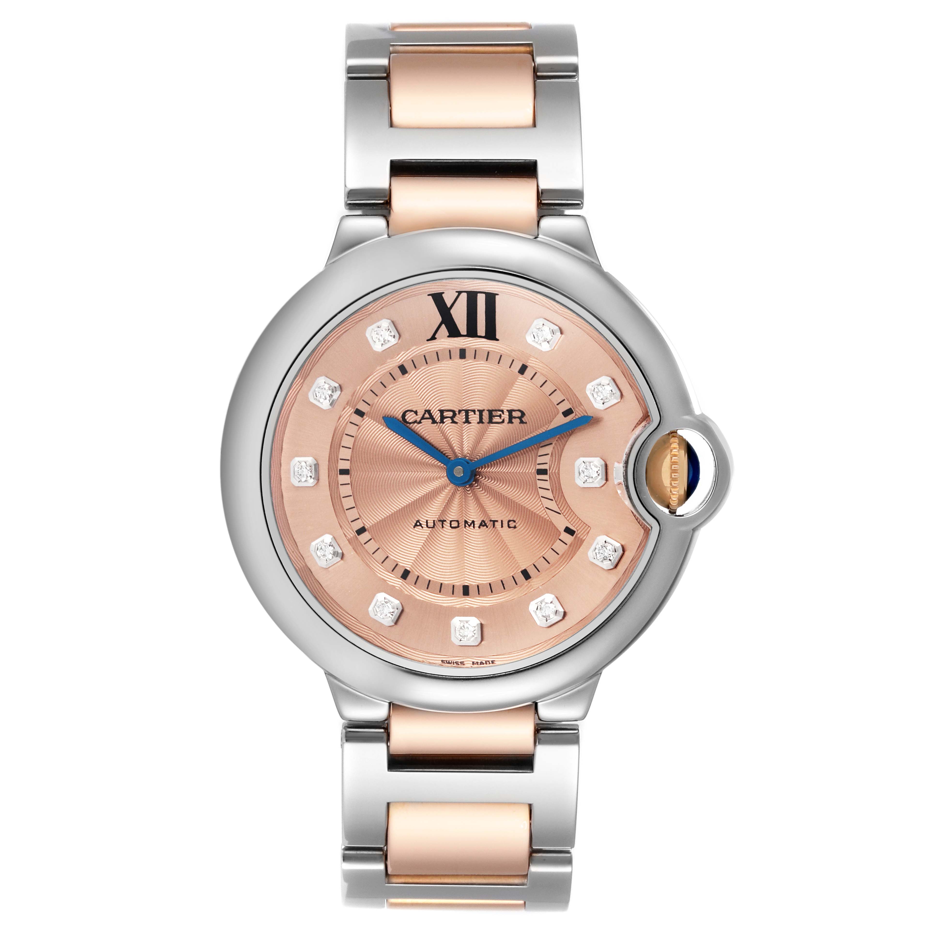 The Cartier Ballon Bleu WE902054 Women's Steel and Gold (two tone) Brown Dial WE902054 Women's Steel and Gold (two tone) Brown Dial watch is shown from a front angle, displaying the face, crown, and bracelet links.