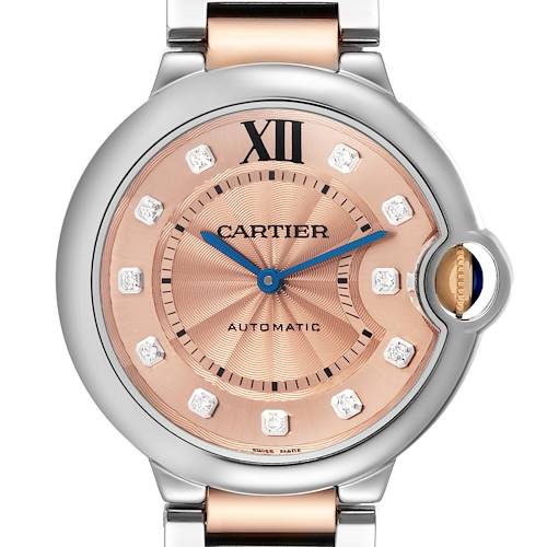 The Ballon Bleu by Cartier is shown from a front angle, highlighting the dial, crown, and bracelet.