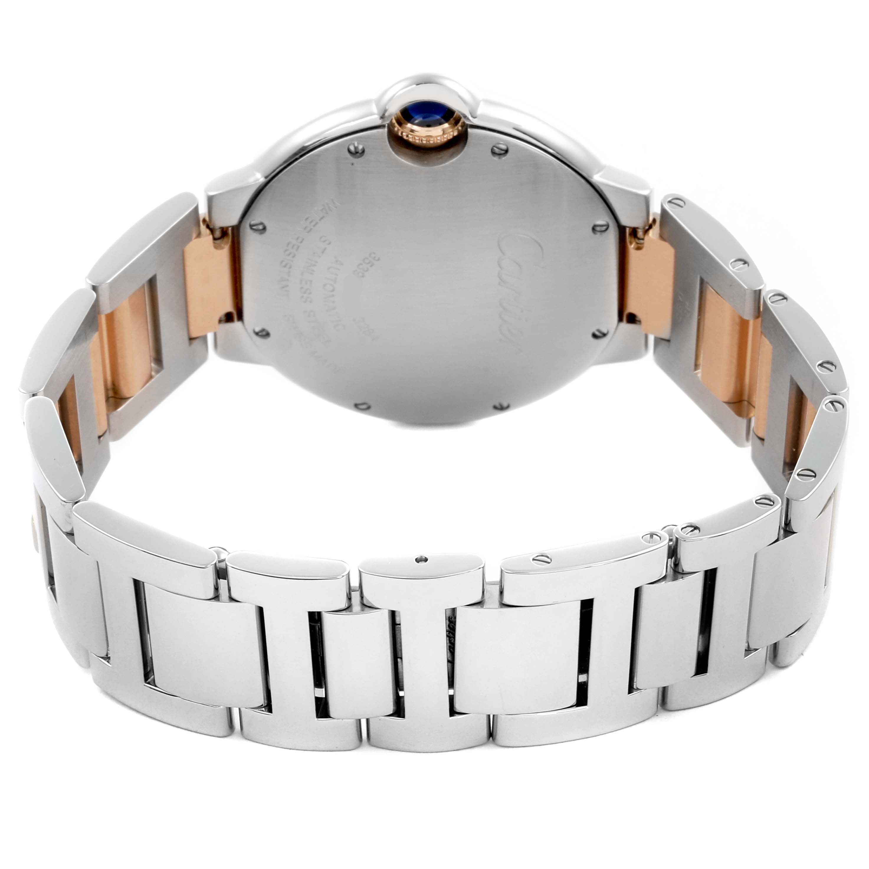 The image shows the back and bracelet of a Cartier Ballon Bleu WE902054 Women's Steel and Gold (two tone) Brown Dial WE902054 Women's Steel and Gold (two tone) Brown Dial watch, featuring a metal link design and clasp.