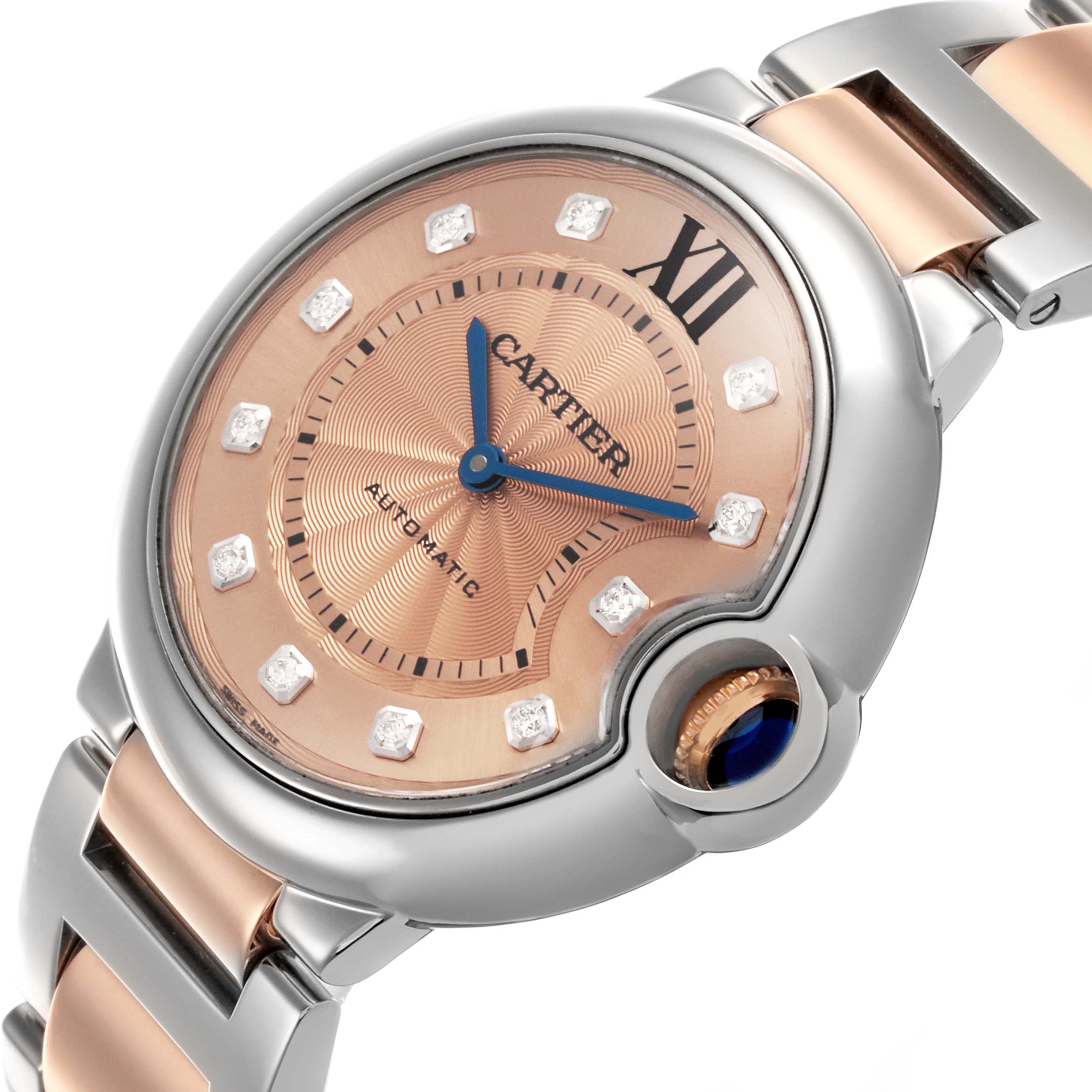 The Cartier Ballon Bleu WE902054 Women's Steel and Gold (two tone) Brown Dial WE902054 Women's Steel and Gold (two tone) Brown Dial watch is shown at an angled view, highlighting the crown, dial, and two-tone bracelet.