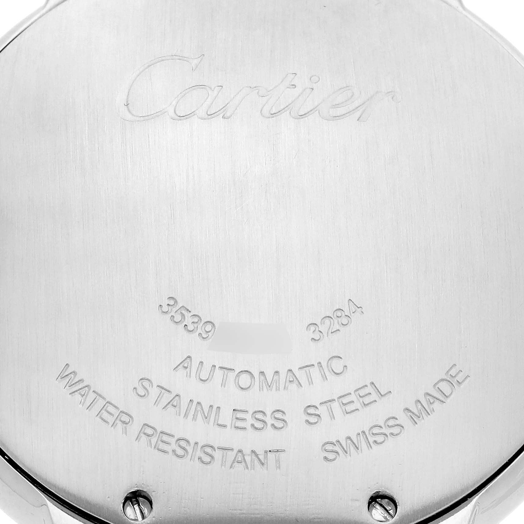 The image shows the stainless steel back case of a Cartier Ballon Bleu WE902054 Women's Steel and Gold (two tone) Brown Dial WE902054 Women's Steel and Gold (two tone) Brown Dial watch with engraved details.