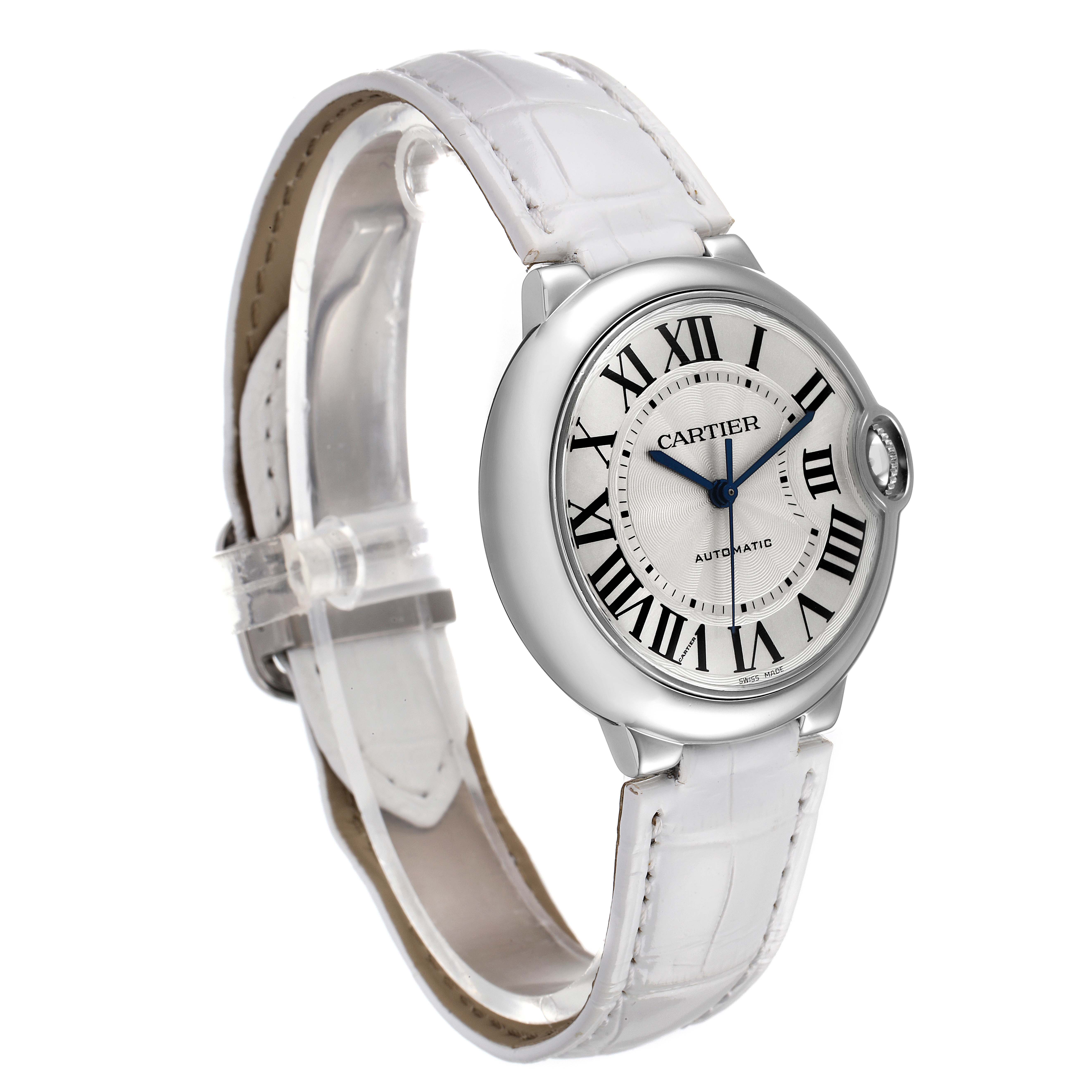 The image shows a Cartier Ballon Bleu W69017Z4 Men's Stainless Steel Silver Dial W69017Z4 Men's Stainless Steel Silver Dial watch at an angle displaying the face, strap, and side view of the casing.