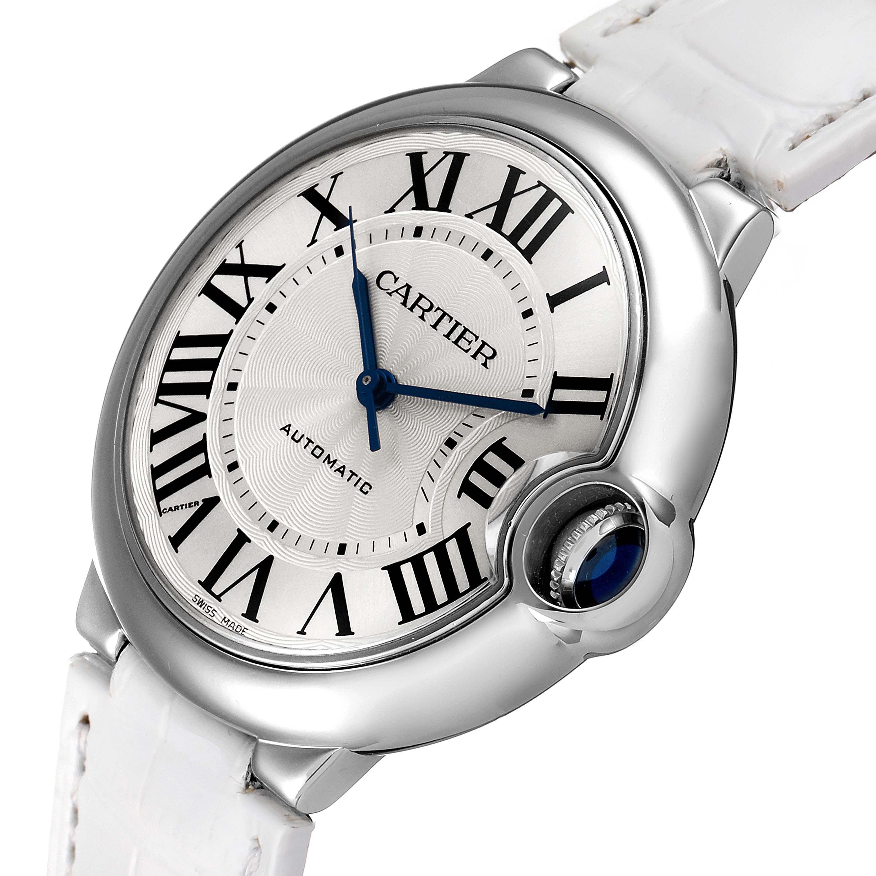 The image shows a close-up of the Cartier Ballon Bleu W69017Z4 Men's Stainless Steel Silver Dial W69017Z4 Men's Stainless Steel Silver Dial watch face, crown, and part of the white strap from an angled perspective.