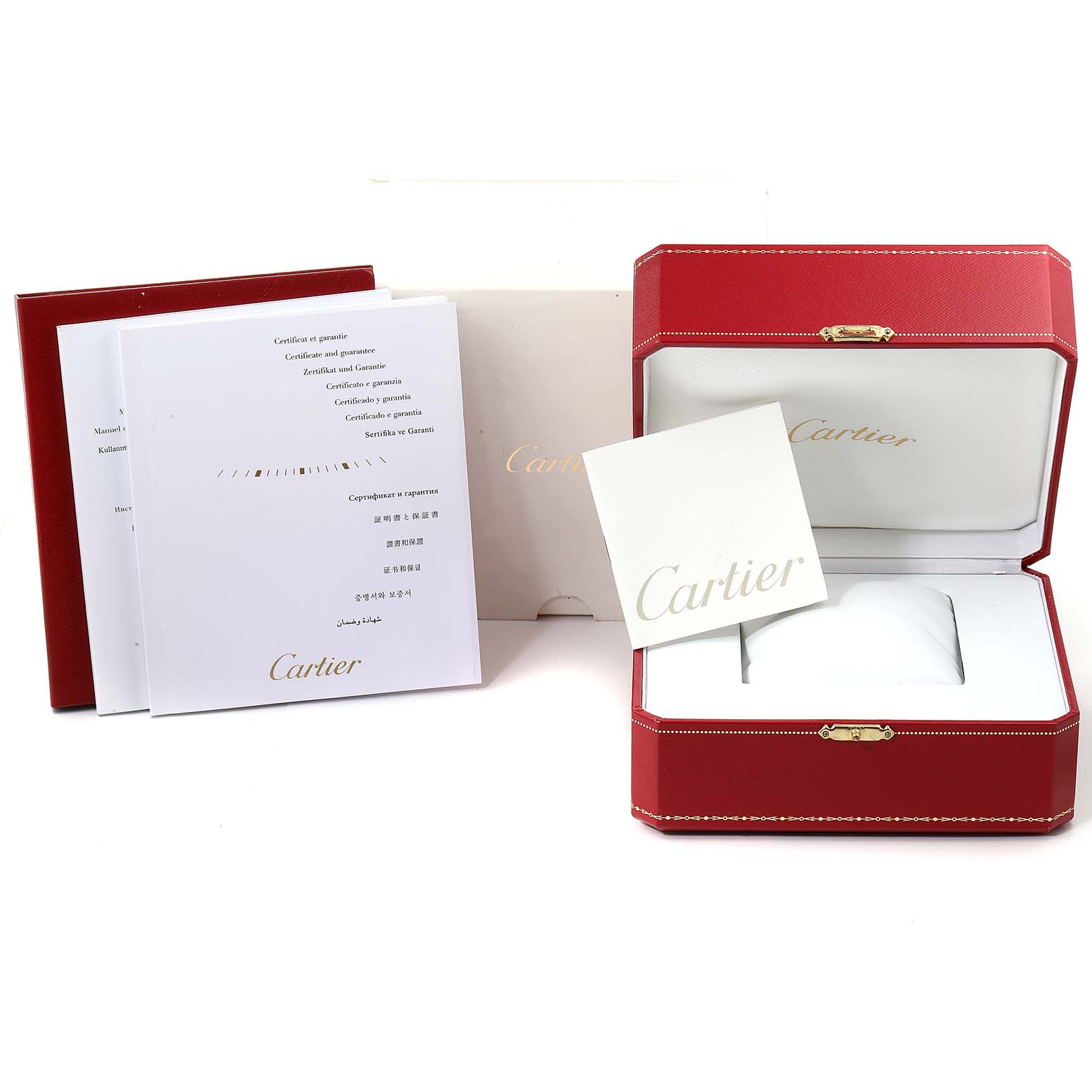 The image shows the packaging and accessories of a Cartier Ballon Bleu W69017Z4 Men's Stainless Steel Silver Dial W69017Z4 Men's Stainless Steel Silver Dial watch, including a red box, documents, and a pillow.