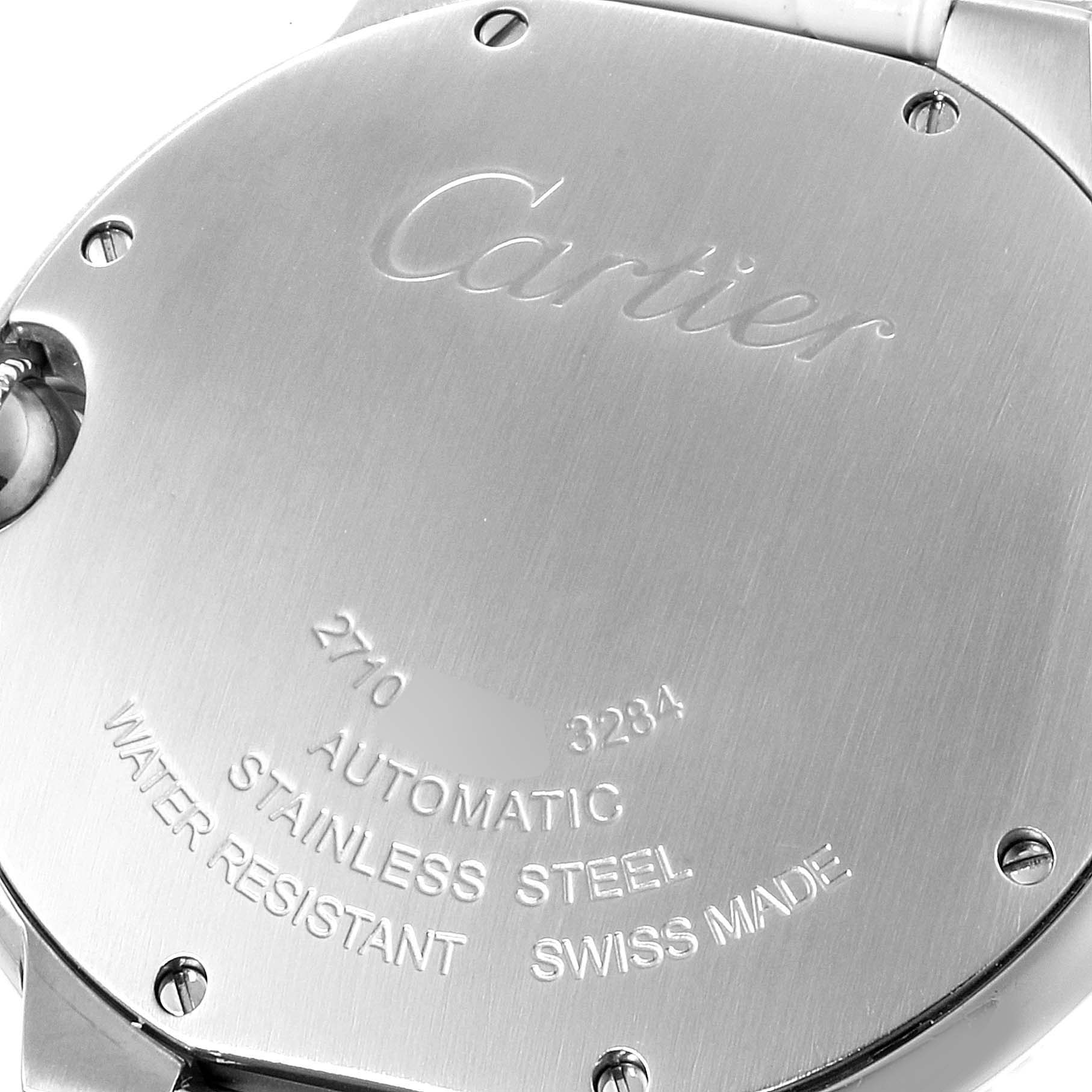 This image shows the back case of the Ballon Bleu model by Cartier, displaying engravings about its specifications.