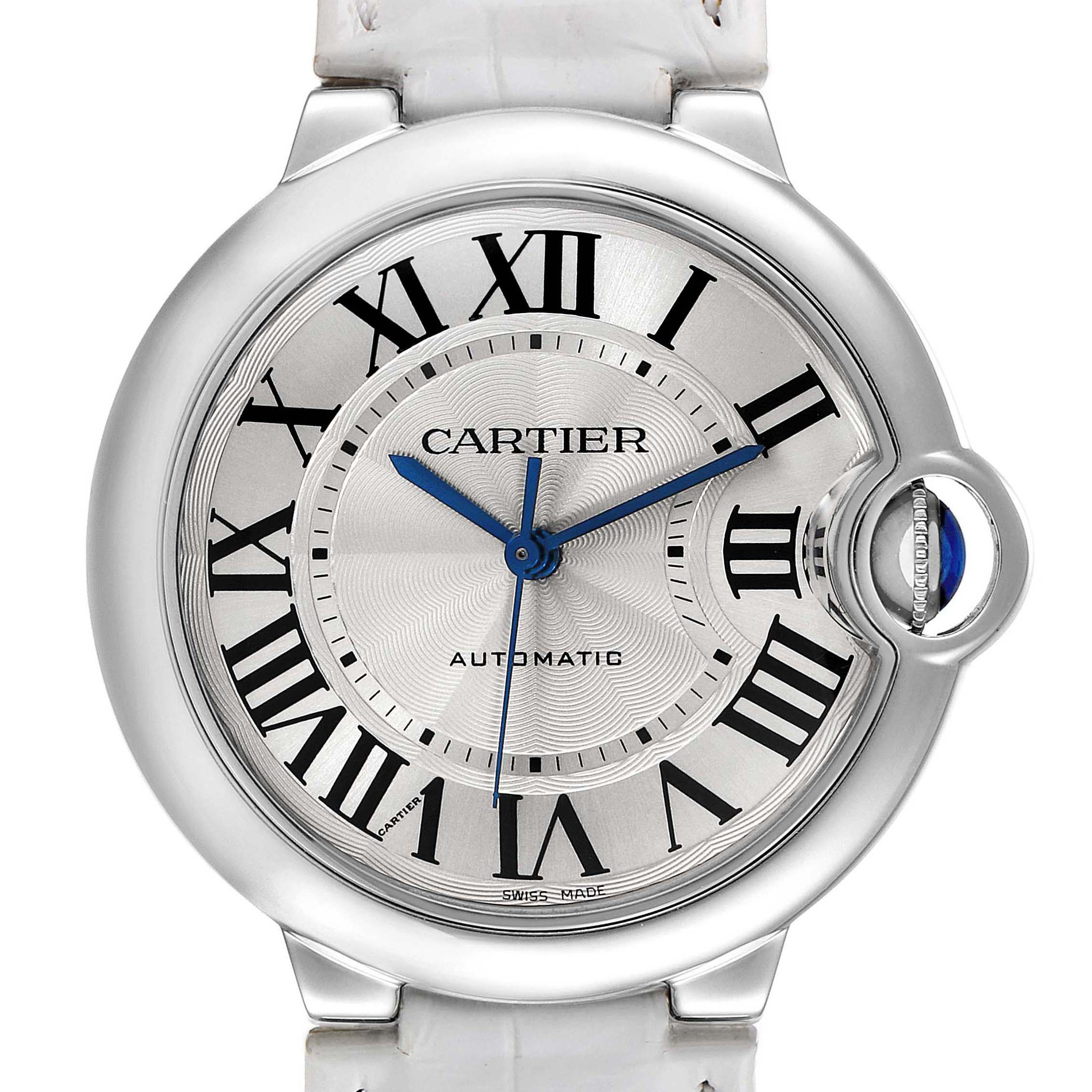 The image shows a front view of the Cartier Ballon Bleu W69017Z4 Men's Stainless Steel Silver Dial W69017Z4 Men's Stainless Steel Silver Dial watch, highlighting the dial, Roman numerals, and blue hands.