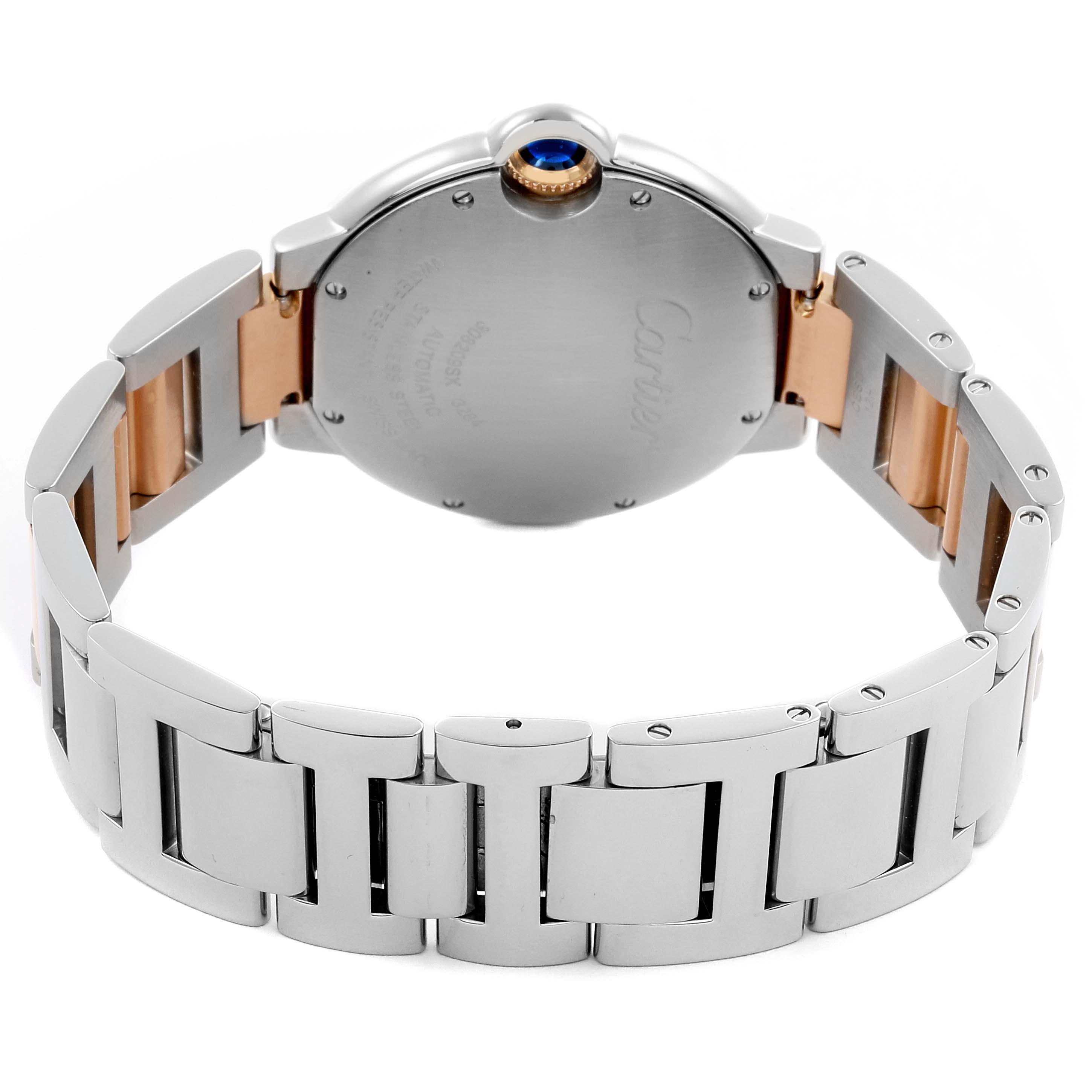 The Cartier Ballon Bleu W3BB0018 Women
s Steel and Gold (two tone) Silver Dial W3BB0018 Women
s Steel and Gold (two tone) Silver Dial is shown from the back, highlighting the closed clasp and bracelet design.