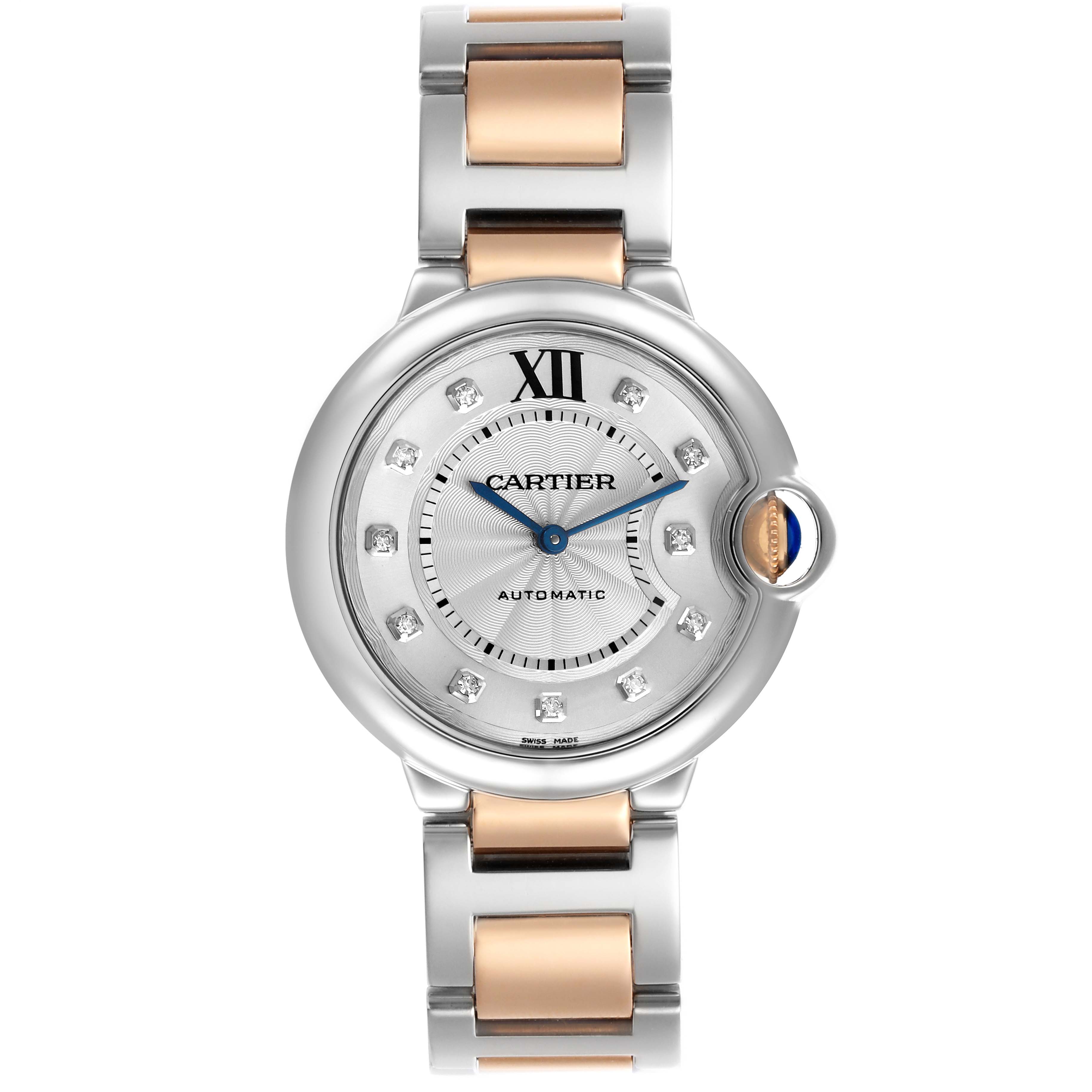 The Cartier Ballon Bleu W3BB0018 Women
s Steel and Gold (two tone) Silver Dial W3BB0018 Women
s Steel and Gold (two tone) Silver Dial watch is shown from a front angle, highlighting the face, crown, and two-tone bracelet.
