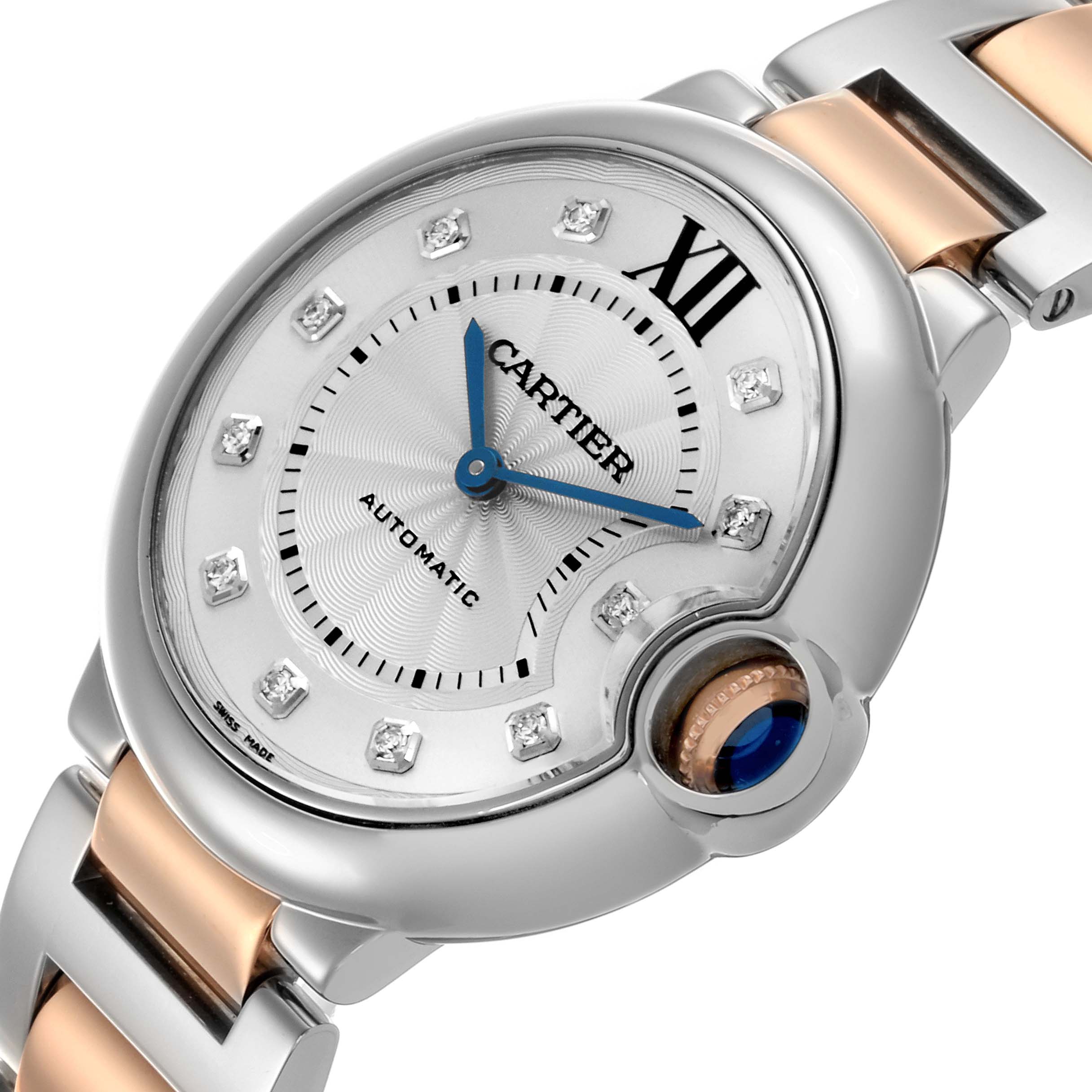 The Cartier Ballon Bleu W3BB0018 Women
s Steel and Gold (two tone) Silver Dial W3BB0018 Women
s Steel and Gold (two tone) Silver Dial watch is shown at an angle highlighting the dial, crown with blue cabochon, and two-tone bracelet.