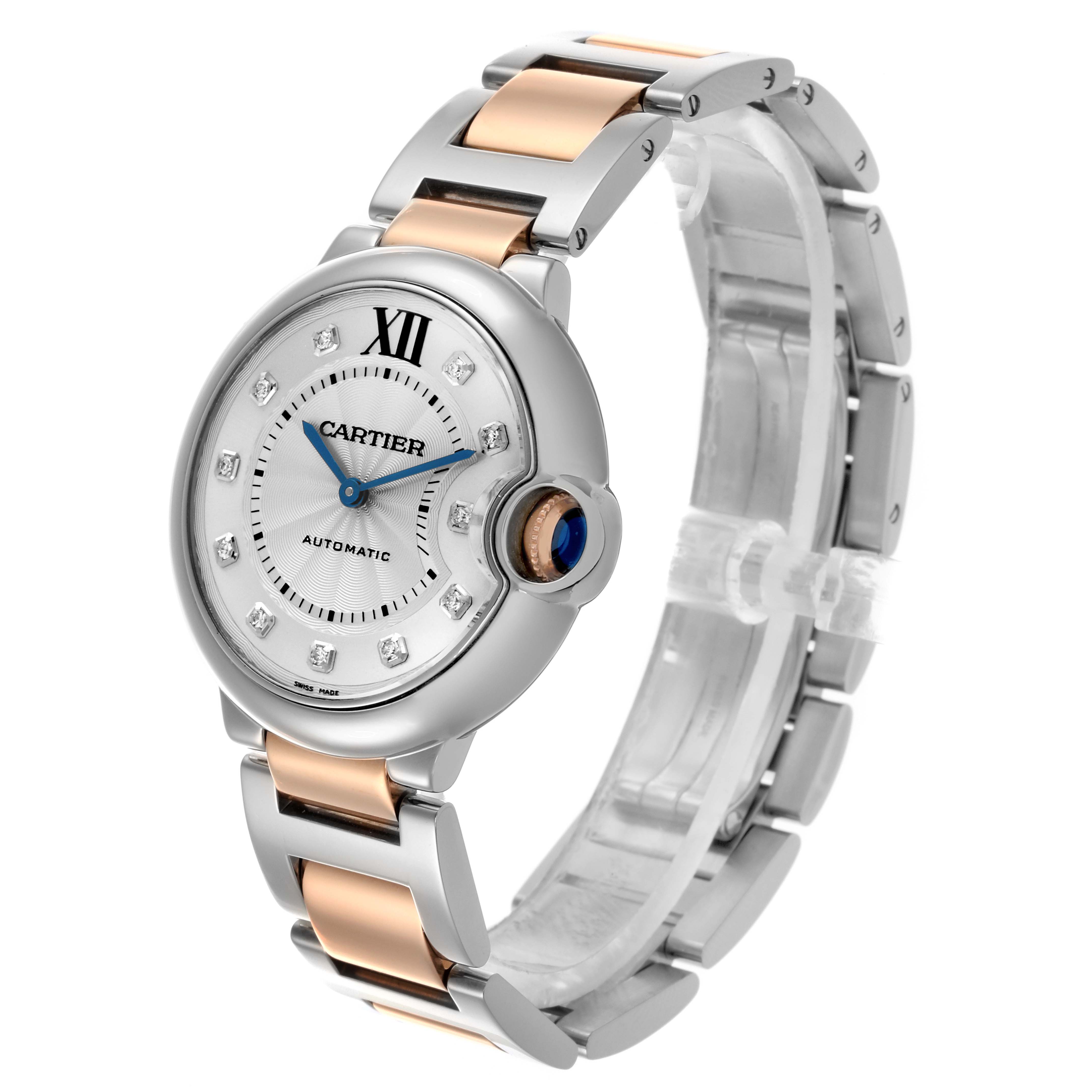 The Cartier Ballon Bleu W3BB0018 Women
s Steel and Gold (two tone) Silver Dial W3BB0018 Women
s Steel and Gold (two tone) Silver Dial watch is shown at an oblique angle, highlighting the face, crown, and bracelet.