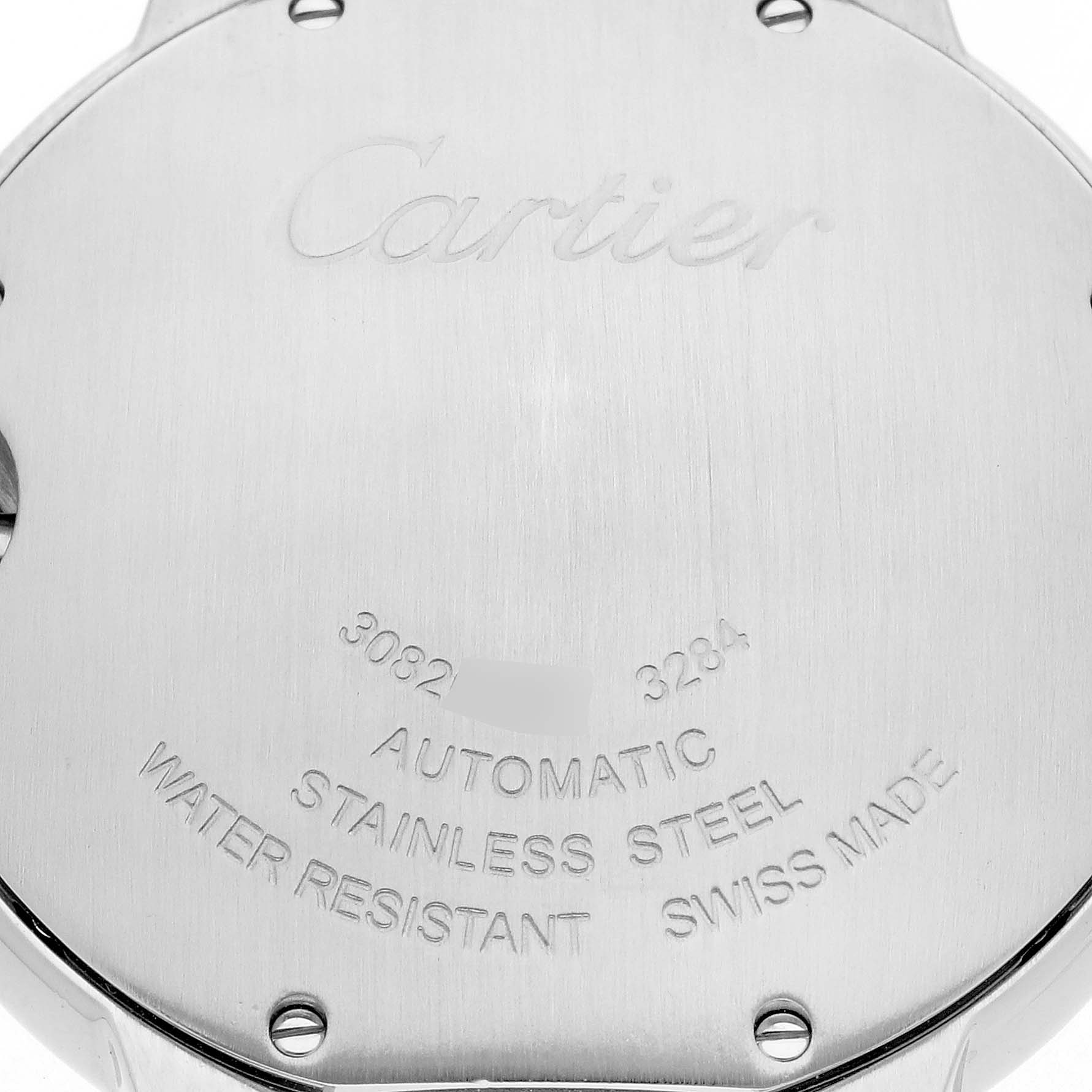 The image shows the back case of a Cartier Ballon Bleu W3BB0018 Women
s Steel and Gold (two tone) Silver Dial W3BB0018 Women
s Steel and Gold (two tone) Silver Dial watch, featuring engravings of the brand and model details.