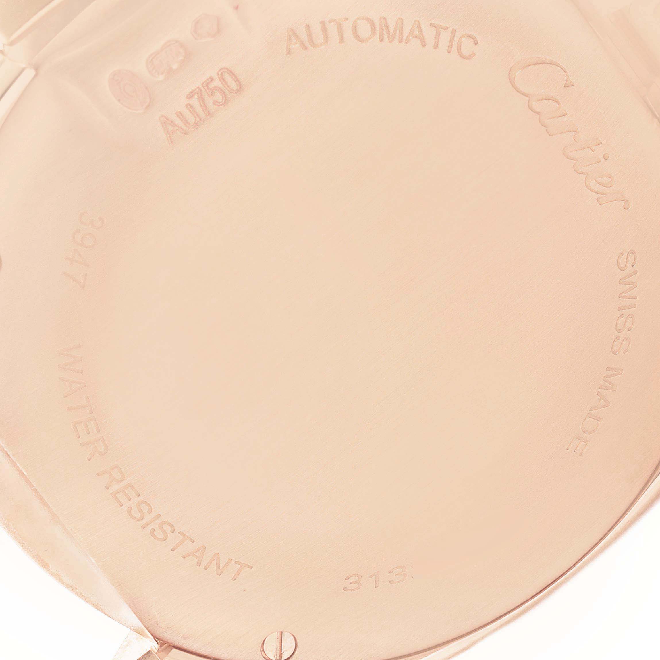 The image shows the case back of a Cartier Clé watch, highlighting engravings like "Automatic," "Swiss Made," and "Water Resistant."