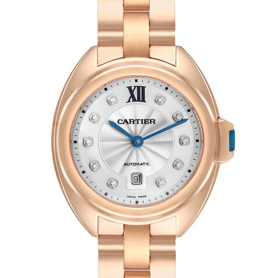 The Cartier Clé watch is shown from the front, highlighting the dial, case, and part of the bracelet.