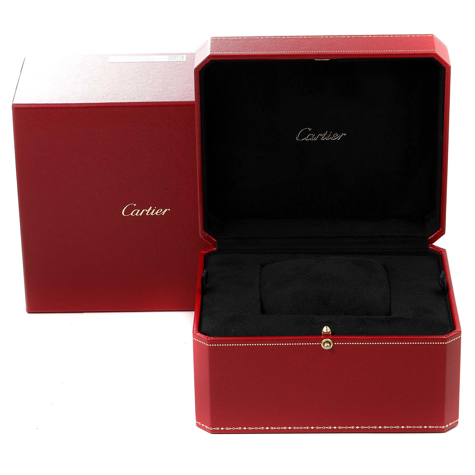 The image shows an open red Cartier Cle WJCL0033 Women
s Rose Gold Silver Dial WJCL0033 Women
s Rose Gold Silver Dial watch box with a black interior and cushion.