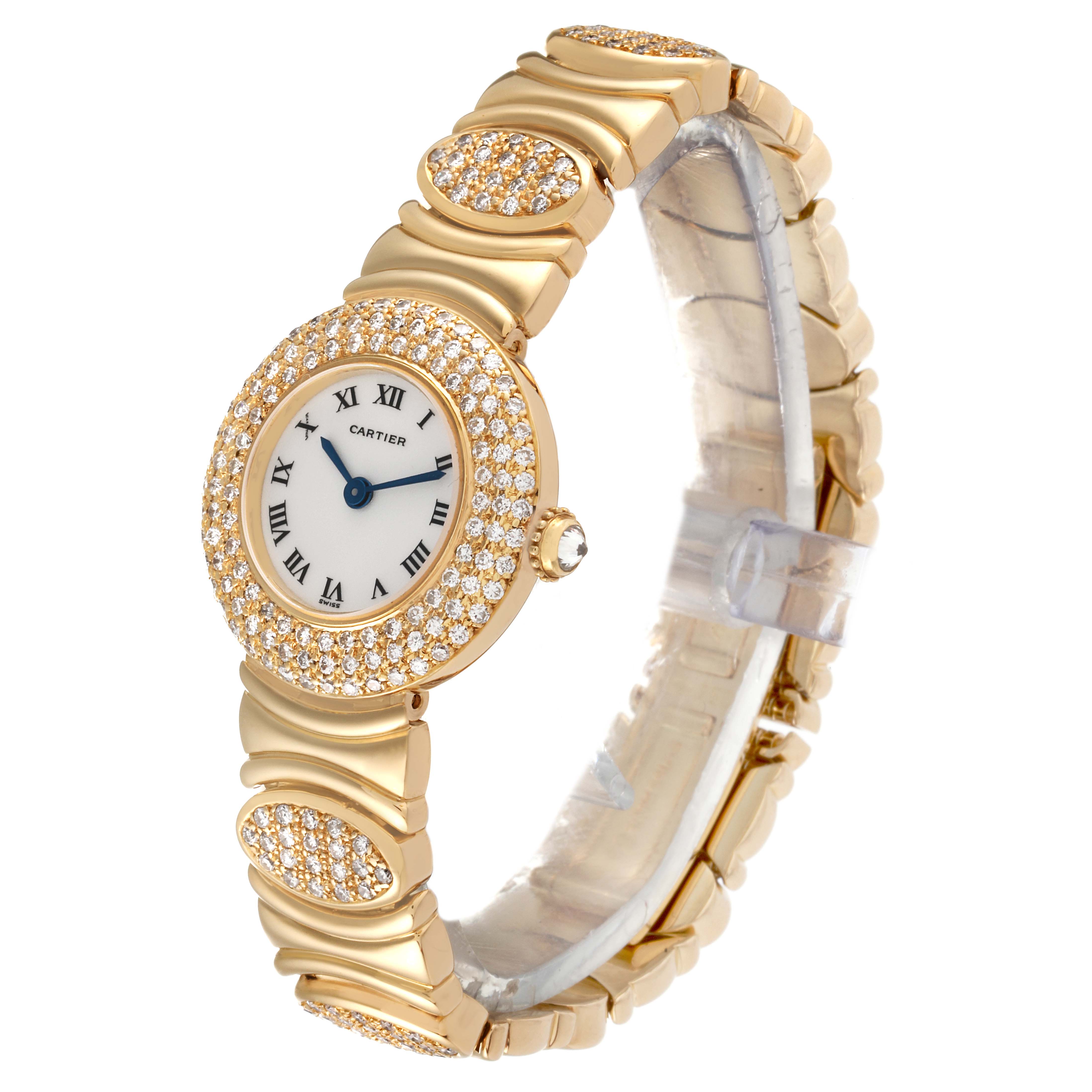 The Cartier Colisee Women's Yellow Gold Silver Dial Women's Yellow Gold Silver Dial watch is shown at a three-quarter angle, highlighting its diamond-studded bezel, dial, and bracelet.