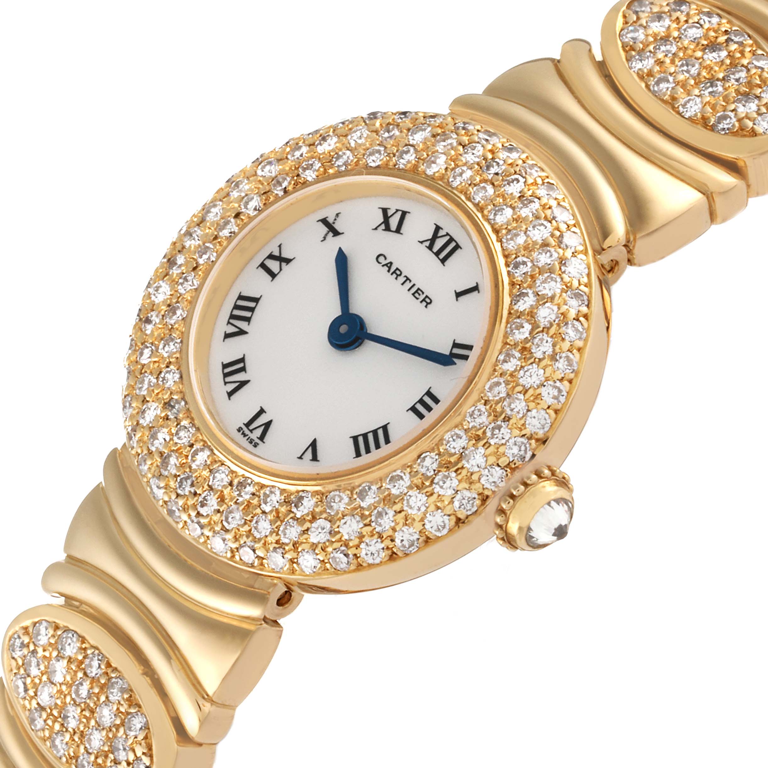 This image shows a close-up of the Cartier Colisee Women's Yellow Gold Silver Dial Women's Yellow Gold Silver Dial watch face and part of the band, featuring a gold design with diamonds.
