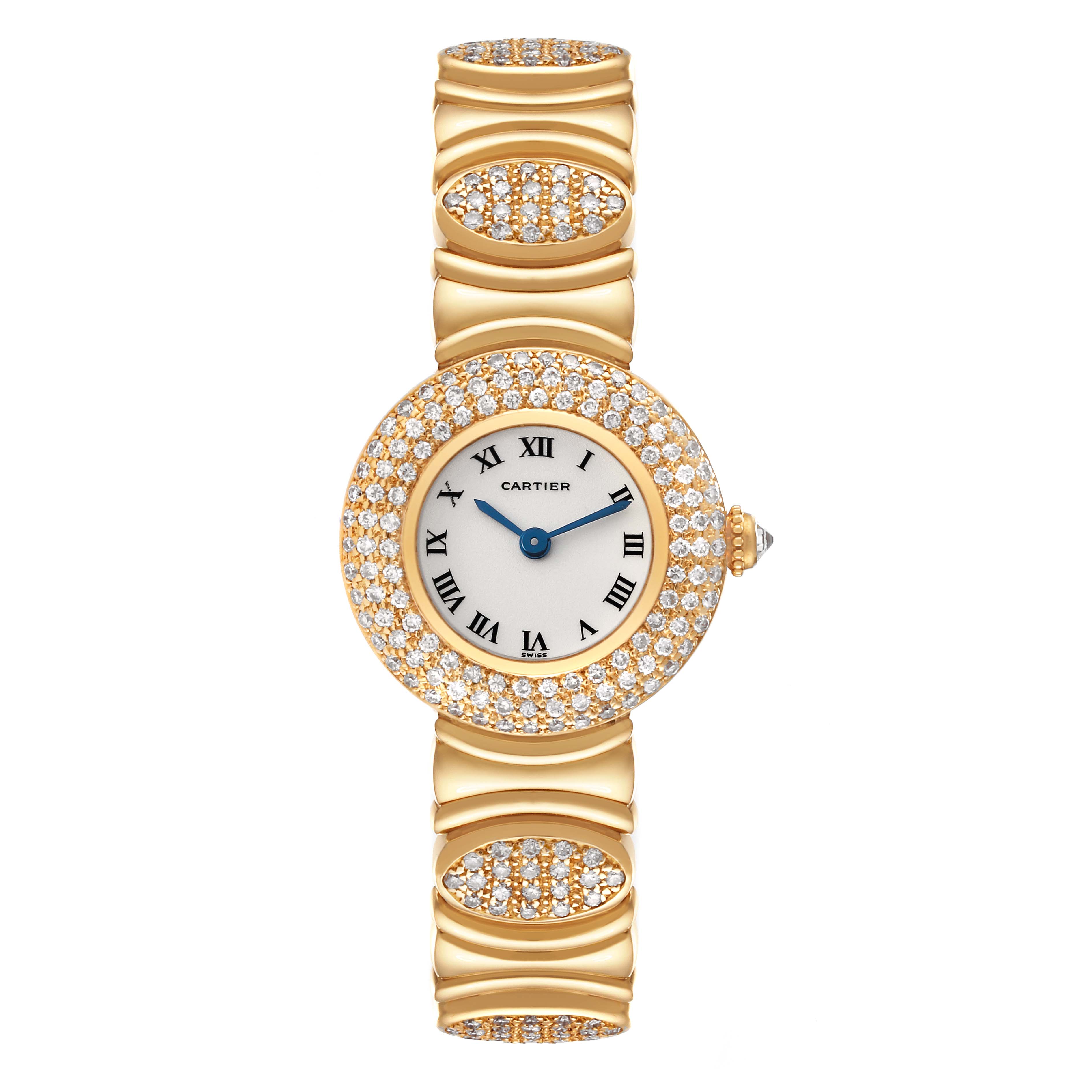The image shows a front view of the Cartier Colisee Women's Yellow Gold Silver Dial Women's Yellow Gold Silver Dial model watch, displaying its face, bezel, and bejeweled bracelet.