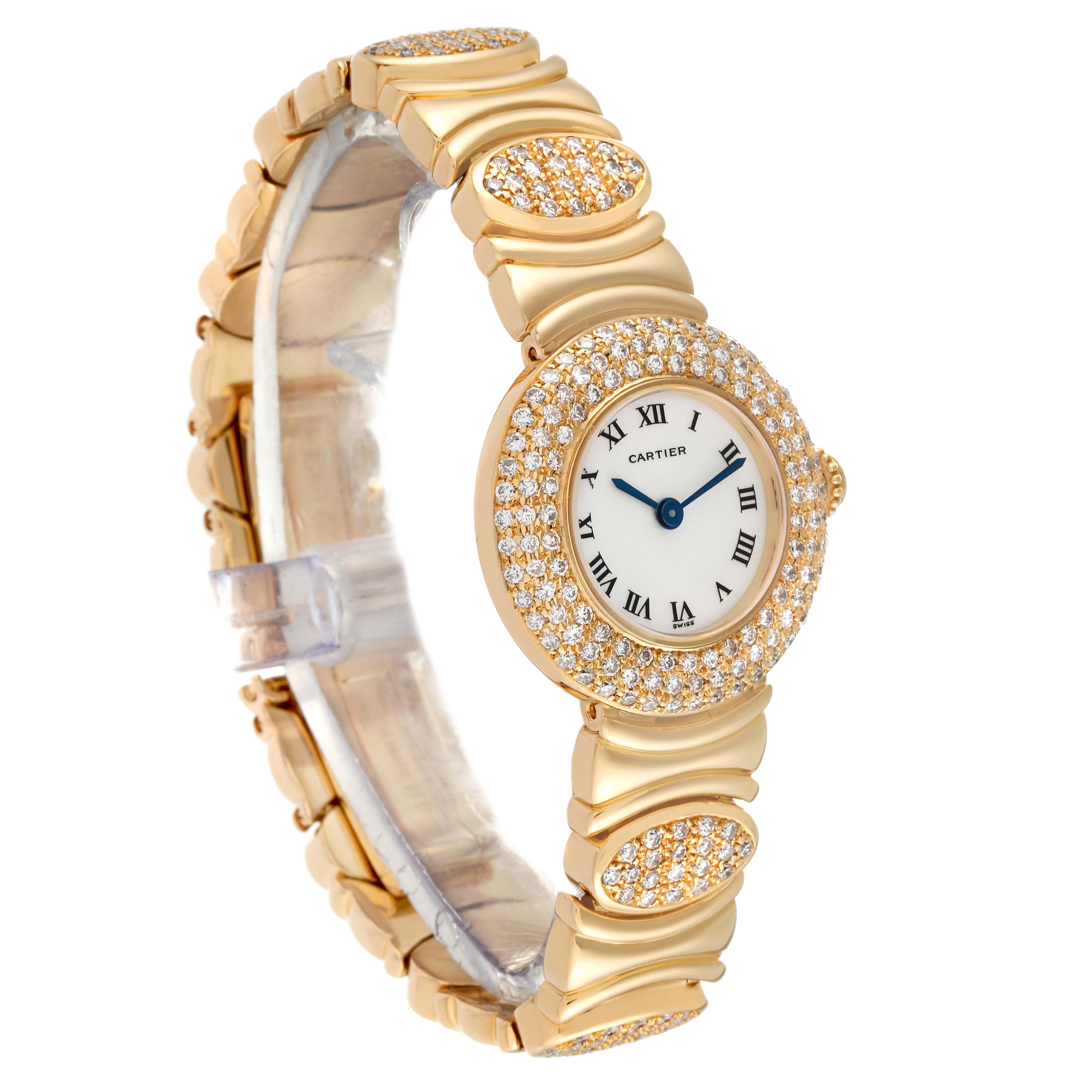 The Cartier Colisee Women's Yellow Gold Silver Dial Women's Yellow Gold Silver Dial watch is shown at a three-quarter angle, highlighting its diamond-studded bezel and bracelet.
