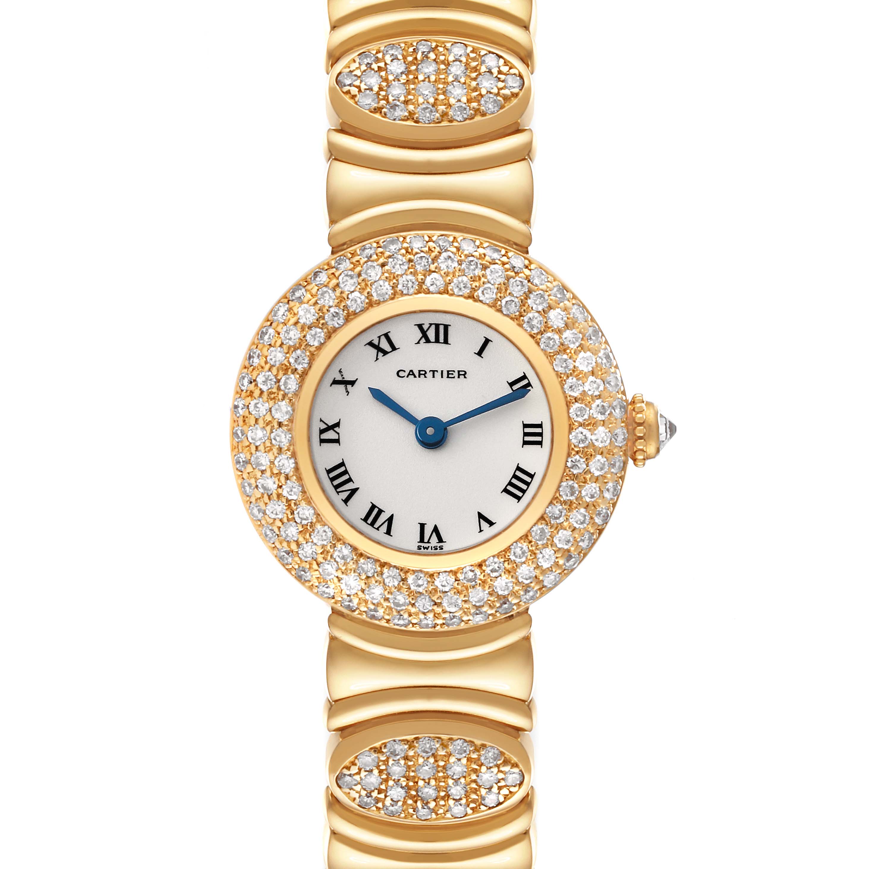The image shows a frontal view of the Cartier Colisee Women's Yellow Gold Silver Dial Women's Yellow Gold Silver Dial model watch, displaying its gold and diamond-encrusted face and band.