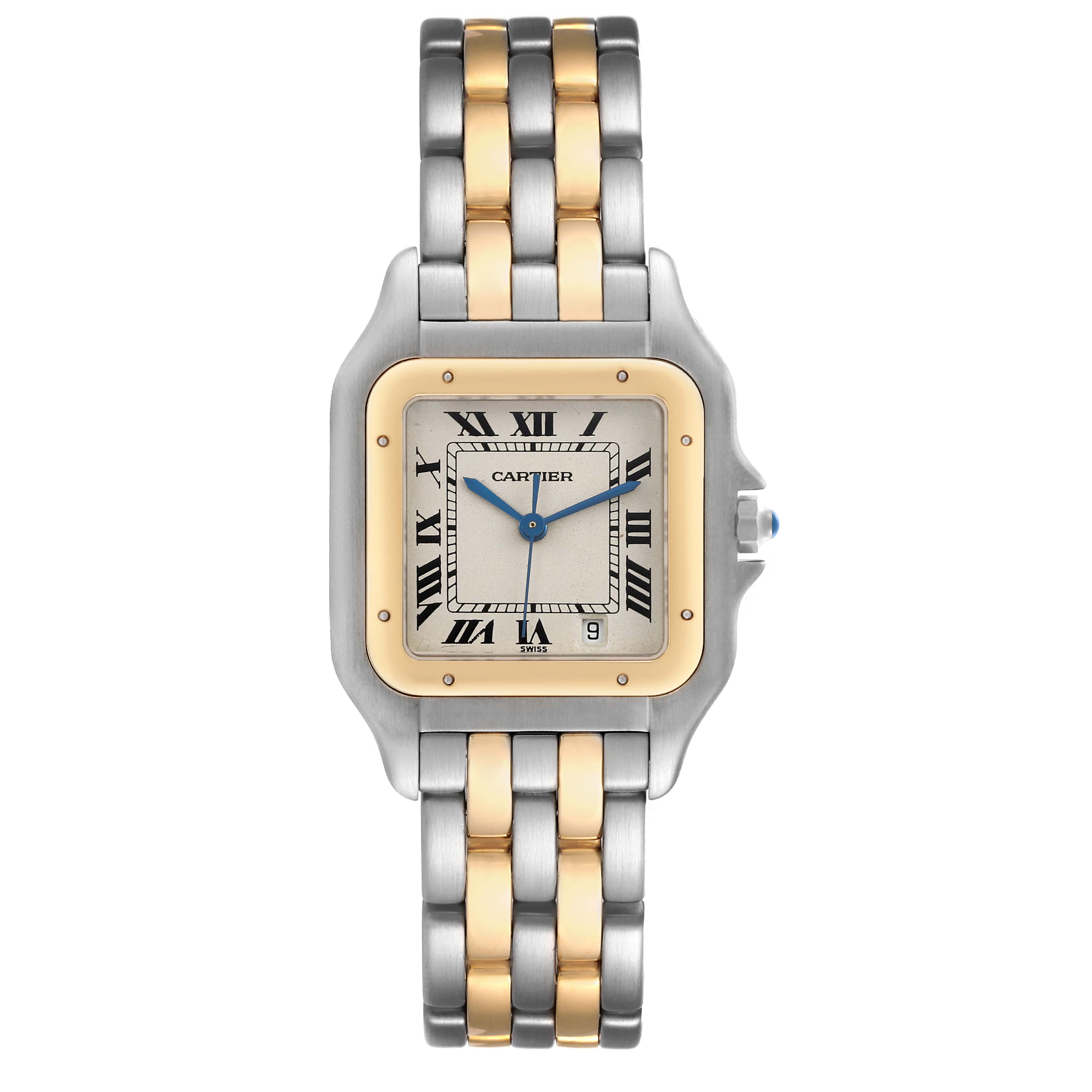 The Cartier Panthere W25028B6 Women's Steel and Gold (two tone) Silver Dial W25028B6 Women's Steel and Gold (two tone) Silver Dial watch is shown from the front, displaying its face, bezel, and two-tone bracelet.