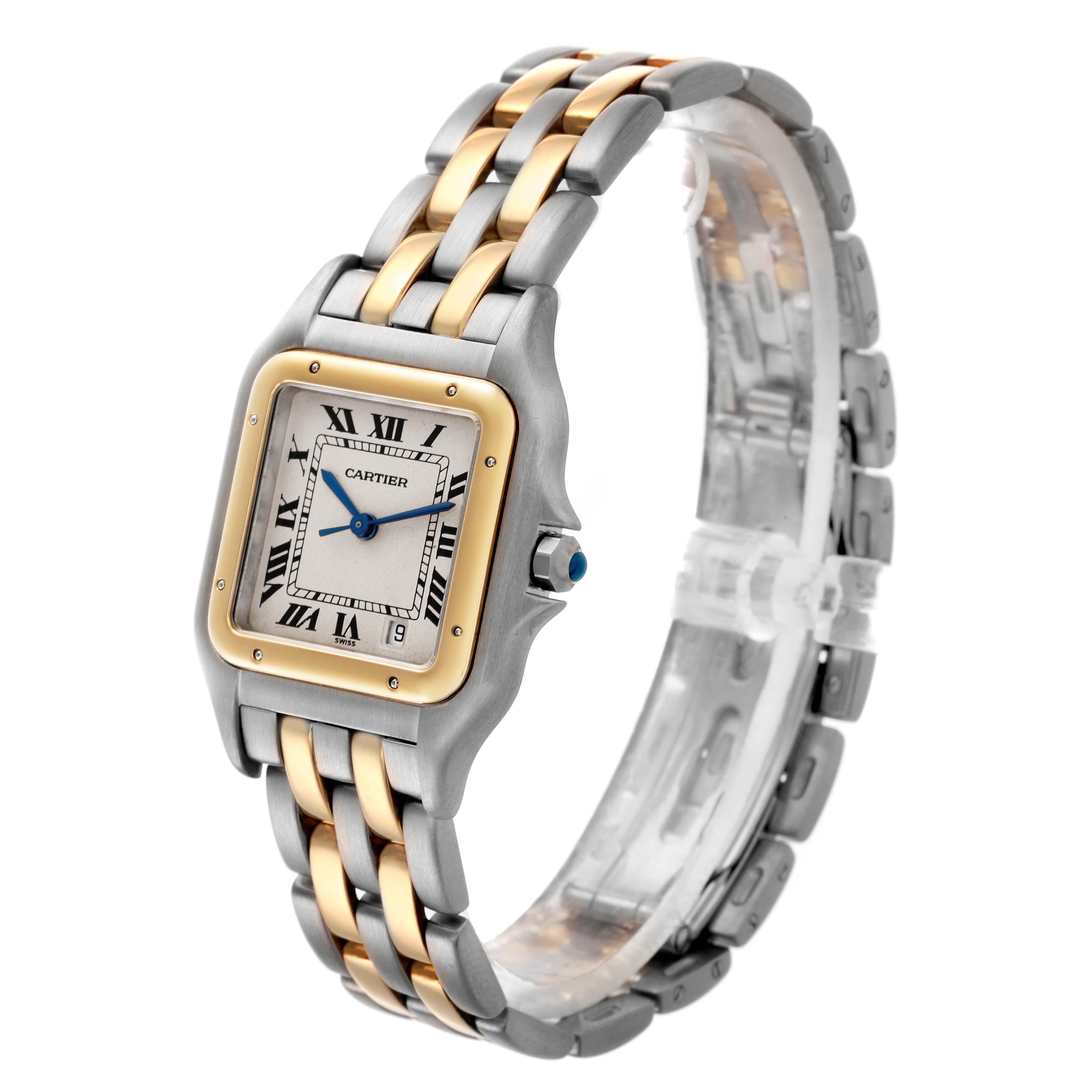 The Cartier Panthere W25028B6 Women's Steel and Gold (two tone) Silver Dial W25028B6 Women's Steel and Gold (two tone) Silver Dial watch is shown at a 3/4 angle, highlighting its two-tone bracelet and square case with Roman numerals.