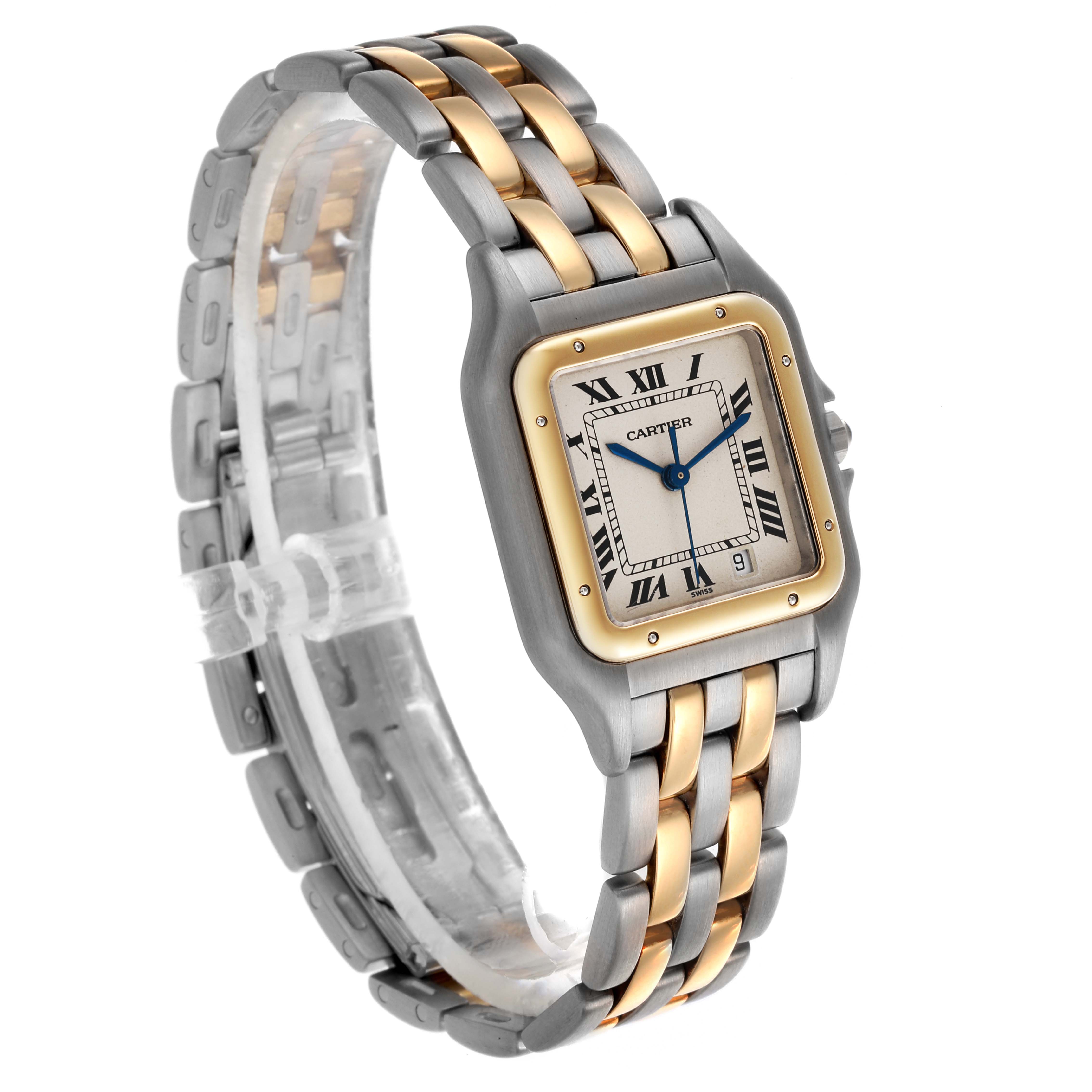 The Cartier Panthere W25028B6 Women's Steel and Gold (two tone) Silver Dial W25028B6 Women's Steel and Gold (two tone) Silver Dial watch is shown at a 3/4 angle displaying the face, bezel, and part of the bracelet.